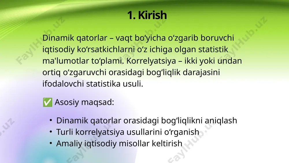 yati pirsonga korrelyatsiya koeffitsienti chiziqli bog‘liqlikni baholaydi. 📌 formula: ✅ misol: aholi daromadi va iste'mol xarajatlari orasidagi bog‘liqlik. 📌 5. pirsonga ko‘ra korrelyatsiya va uning formulasi spearman korrelyatsiyasi tartiblangan (ordinal) o‘zgaruvchilar uchun ishlatiladi. 📌 formula: ✅ misol: talabalar reytingi va ularning yakuniy natijalari o‘rtasidagi bog‘liqlik. 📌 6. spearman korrelyatsiyasi va uni hisoblash kendall korrelyatsiyasi tartiblangan ma'lumotlar orasidagi bog‘liqlikni baholaydi. 📌 formula: ​ ✅ misol: tadqiqotchilar reytingi va ularning nashrlar soni o‘rtasidagi bog‘liqlik. 📌 7. kendall korrelyatsiyasi va uni hisoblash vaqt qatorlari – vaqt o‘tishi bilan o‘zgaruvchi ma’lumotlar to‘plami. vaqt qatorlari korrelyatsiyasi – qatorning o‘zining oldingi qiymatlari bilan bog‘liqlik darajasini o‘lchaydi. iqtisodiy ahamiyati: markaziy bank foiz stavkalari, inflyatsiya va yalpi ichki mahsulot (yim) o‘rtasidagi bog‘liqlikni aniqlash. 8. vaqt qatorlari korrelyatsiyasi va uning ahamiyati ✅ misol: o‘zbekistonda so‘nggi 10 yildagi inflyatsiya va foiz stavkalari o‘rtasidagi bog‘liqlik. 📌 9. autokorrelyatsiya tushunchasi va uni hisoblash autokorrelyatsiya – vaqt qatorlarining o‘tgan davrlari bilan bog‘liqligi. iqtisodiy …