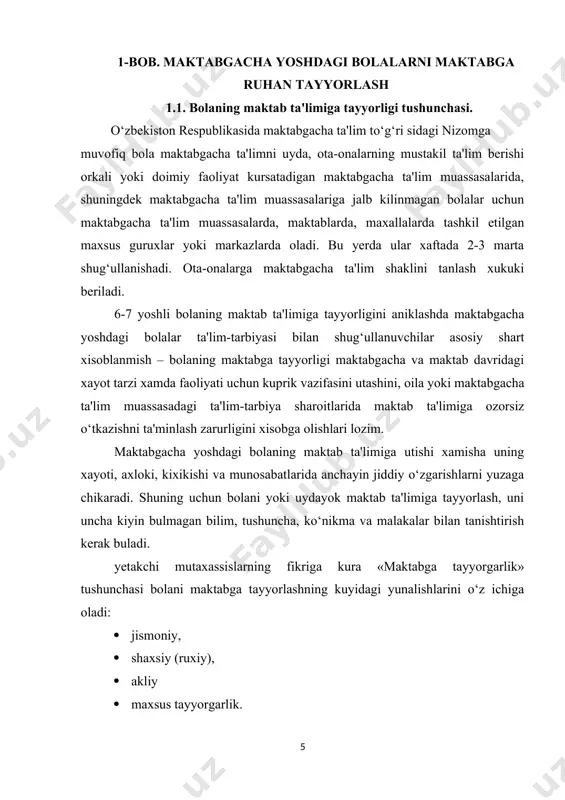 uktishning samaradorligini kup jixatdan ularning tayyorgarlik darajalariga bog‘liq buladi. maktabda o‘qishgao‘qishga tayyorgarlik – maktabgacha ta'lim muassasasi va oilada maktabgacha tarbiya yoshidagi bolaga kuyadigan talablar orkali aniklanadi. bu talabalarning o‘ziga xos tomoni o‘quvchining yangi sotsial psixologik o‘rni, u bajarishga tayyorlangan bulishi lozim. yangi vazifa va burchlardan kelib chikadi. maktabga kirish bola xayotidagi odatiy turmush tarzi, atrofdagilar bilan munosabat sistemasining o‘zgarishiga alokador muxim davrdir. bola xayotida birinchi bor markaziy urinni ijtimoiy axamiyatga ega bo‘lgan o‘quv faoliyati egallaydi. unga odatiy bo‘lgan erkin uyin faoliyatidan farkli ularok, endi ta'lim majburiy buladi va birinchi sinf o‘quvchisidan 4 ta jiddiy munosabat talab kilinadi ta'lim faoliyatining yetakchi turi sifatida bolaning kundalik xayot jarayonini kayta kuradi: kun tartibi o‘zgaradi, erkin uyinlar vakti kiskaradi. bolaning mustakilligi va uyushganligi, uning ishchanligi va intizomlilikka talablar jiddiy ravishda ortadi. maktabgacha yoshdagi bolalikka nisbatan o‘quvchining o‘z xatti-xarakati, majburiyatlarini bajarishga shaxsiy ma'suliyati ancha-muncha ortadi. bolani maktabda o‘qishiga axloqiy-irodaviy tayyorligi. maktabda o‘qishga axlokiy-irodaviy tayyorlik bolaning …