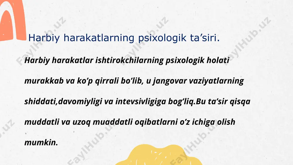 ga ega bo‘lgan insonlar oddiy jamiyatda o‘zlarini begona his qilishlari mumkin. 4. jismoniy va ruhiy buzilishlarning birlashuvi uyqusizlik va charchoq: jang maydonidagi vaziyatlar stressli tushlar va surunkali uyqusizlikka olib kelishi mumkin. jismoniy og‘riqlar: stress tufayli mushak tarangligi, bosh og‘rig‘i yoki yurak muammolari rivojlanishi mumkin. “survivor's guilt” (tirik qolganlik aybi): do‘stlarini yo‘qotgan harbiylar orasida omon qolganlikdan afsuslanish hissi paydo bo‘ladi. 5. o‘limga va zo‘ravonlikka bo‘lgan munosabatning o‘zgarishi harbiy xizmatchilar o‘lim va zo‘ravonlikni kundalik hayotning ajralmas qismi sifatida qabul qilishga moyil bo‘ladilar. bu ularning urushdan keyingi hayotda odatiy axloqiy me’yorlarga moslashishini qiyinlashtiradi. 6. oddiy hayotga moslashish qiyinchiliklari urushdan qaytgan askarlar quyidagi muammolarga duch kelishi mumkin: oddiy ish yoki kundalik hayotga qaytishda qiynalish. oldingi travmatik holatlarni eslatadigan omillardan qochish (masalan, portlash ovozlari yoki jangga o‘xshash sharoitlar). jamiyatning tushunmovchiligi va psixologik yordamning yetishmasligi. 7. ijobiy psixologik ta’sirlar (kamdan-kam bo‘lsa-da) stressga chidamlilik oshishi: baʼzi harbiylar ekstremal sharoitlarda o‘zlarini boshqarish va muammolarni hal qilish ko‘nikmalarini rivojlantiradilar. …