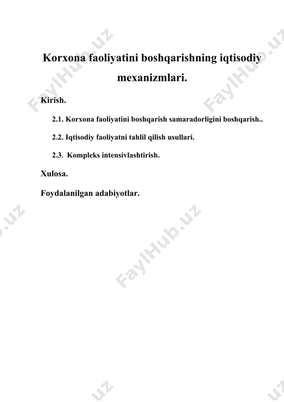 dan baholanmoqda, uning rivojlanishining iqtisodiy strategiyasi ishlab chiqilmoqda. moliyaviy faoliyatni har tomonlama tahlil qilish korxona samaradorligini tahlil qilish, shuningdek, biznesda boshqaruv qarorlarini tuzish ilmiy asosidir. ularni asoslash uchun mavjud va mumkin bo'lgan muammolar, ishlab chiqarish va moliyaviy xavflarni aniqlash va oldindan aniqlash, ularni rasmiylashtirish xavf darajasi va xo'jalik yurituvchi subyektning daromadlari bo'yicha qarorlarning ta'sirini aniqlash kerak. xo'jalik yurituvchi subyektning faoliyatining samaradorligi, shuningdek, bozor munosabatlarining bozorda mavqeini, uning raqobatbardoshliligi va moliyaviy barqarorligini baholaydigan bozor munosabatlarining keng doirasi e'tiborini tortadi. . faoliyat samaradorligini tahlil qilish maqsadlaridan biri korxonaning moliyaviy ahvolini baholashdir. 2.1. korxona faoliyatini boshqarish samaradorligini boshqarish. lotin so'zining "effuzi" - ijro, harakat. dastlab, samaradorlik tushunchasi texnologiya va texnologiyalarga bog'liq edi. keyinchalik ishlab chiqarish jarayoni samaradorligini ishlab chiqarish uchun zarur bo'lgan narsalarga bo'lgan munosabati, xususan, ishlab chiqarish uchun zarur bo'lgan narsalarga resurslar narxiga bo'lgan munosabati bilan shug'ullana boshladi. iqtisodiy faoliyat samaradorligi "samaradorlik" nominatsiyasining baholash xususiyatini yanada ta'kidlaydi. bu har doim xarajat qiymatining …