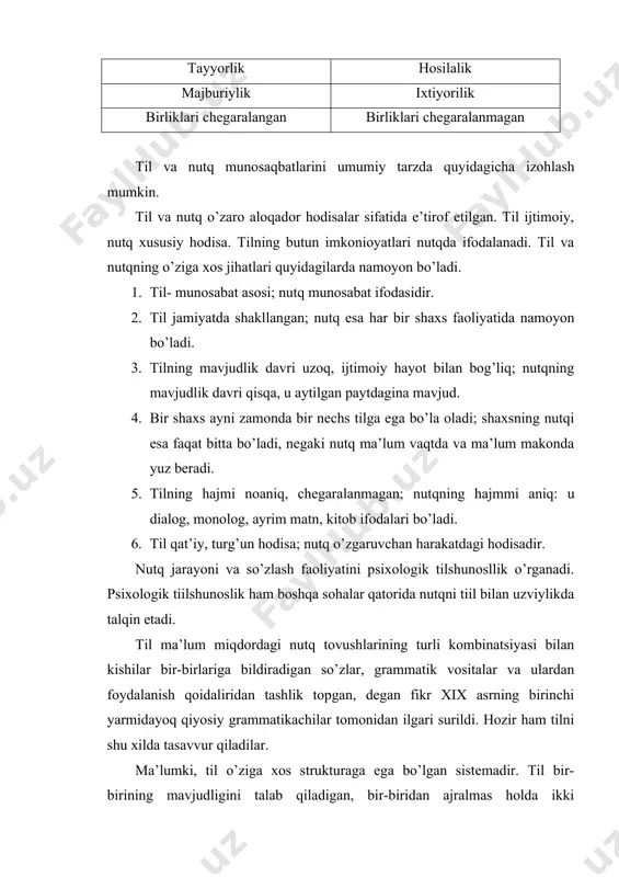 arini o’rganadi. u inson fikrining aniq, ravshan, ketma-ket va asosli bo’lishini taminlaydi. shunday ekan, mantiq tilshunoslikning grammatika bo’limi bilan bevosita munosabatdadir. chunki tushuncha so’z va so’z birikmalari orqali ifodalansa, fikr gap orqali ifodalanadi. har bir kishi uchun grammatikani bilish qancha zarur bo’lsa, mantiqning shakl va qonunlarni o’zlashtirish ham shunchalik zarurdir. mantiq shakllari tushuncha, xulosalar hamma xalqlar uchun umuniy bo’lsa, ularning turli tillarda ifodalanish shakllari turli-tumandir. shuning uchun ham har bir til boshqasidan farq qiladigan o’z grammatikalariga ega. bu shuni ko’rsatadiki, mantiq bilan grammatika bir-biri bilan bog’liq, ular bir-birlarini to’ldiradi. tilshunoslikni u yoki bu fanlar sinfiga kiritishda bu fan o’rganadigan obyektining tabiati asos qilib olinadi. til kishilarning eng muhim aloqa vositasi, bilimlarni saqlovchi va kelajak avlodga yetkazuvchi vositadir. ana shu vazifalarini e’tiborga olganda, til-ijtimoiy hodisadir. chunki u jamiyat uchun xizmat qiladi. ikkinchidan ijtimoiy xarakterga ega bo’lgan til muayyan fizik va fiziologik jarayonlar asosida moddiylashadi. uchunchidan til va tafakkur o’zaro ajralmasdir. til …