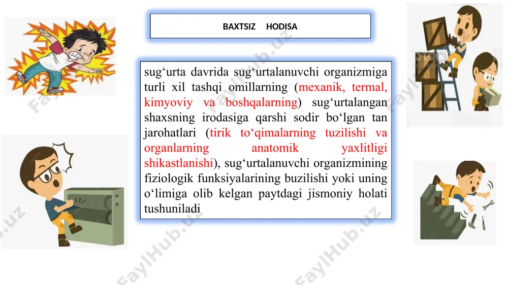 chimliklar, giyohvand moddalar yoki toksik moddalarning yo'qligini tasdiqlovchi tibbiy ma'lumotnoma ko‘rsatib o‘tilgan hujjatlar taqdim etilgandan so‘ng ish sug‘urta kompaniyasi tomonidan 15 kungacha bo‘lgan muddatda ko‘rib chiqilib, qaror qabul qilinadi va 5 bank kuni mobaynida sug‘urta qoplamasi mijozning bankdagi hisob raqamiga o‘tkazib beriladi. baxtsiz hodisalar va kasalliklardan ixtiyoriy sug‘urtalash shartnomasining asosiy qoidalari har qanday sug‘urta shartnomasi singari, ushbu shartnomada ham asosiy qoidalar mavjud: -predmet, -ishtirokchilar, -sug‘urta xavflari ro‘yxati, -sug‘urta tarifi, - tomonlarning huquqlari, majburiyatlari va boshqalar. kasallik va baxtsiz hodisalardan sug‘urtalash shartnomasi shartlari sug‘urtalanuvchi va sug‘urta kompaniyasi o‘rtasida tuziladi. shartnoma mazmuni sug‘urta kompaniyasining siyosatiga bog‘liq bo‘lib, quyidagi asosiy elementlarni o‘z ichiga oladi: shartnoma tomonlari sug‘urta kompaniyasi sug‘urtalanuvchi sug‘urtaning maqsadi sug‘urtalanuvchini kutilmagan kasalliklar va baxtsiz hodisalardan himoya qilish. tibbiy xarajatlarni qoplash. baxtsiz hodisalar natijasida vafot etish yoki nogironlik yuzaga kelgan taqdirda kompensatsiya to‘lash. sug‘urta qamrovi sug‘urta polisi quyidagilarni o‘z ichiga olishi mumkin: tibbiy yordam dori-darmonlar favqulodda xizmatlar: operatsiya, tez tibbiy yordam yoki …
