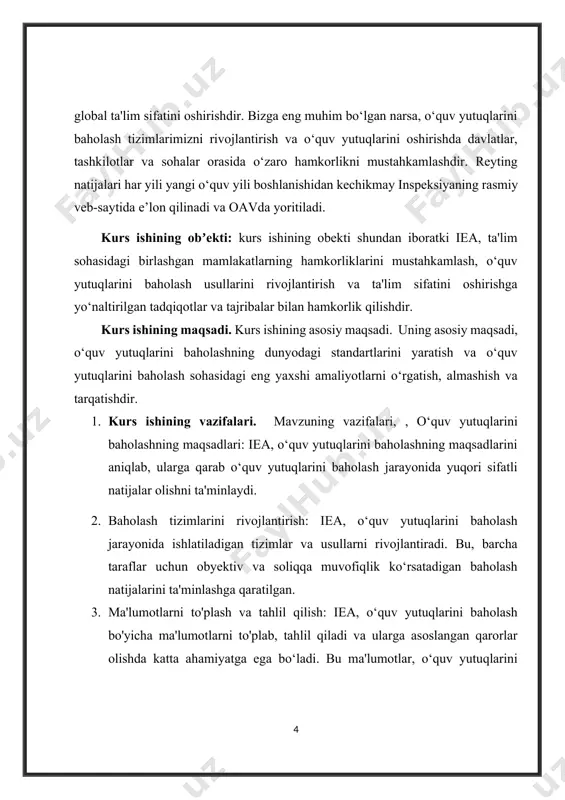 l usuli ma'lumotlarni raqamli ko'rsatkichlar orqali tahlil qilishni o'z ichiga oladi. misol uchun, o'quv yutuqlarining o'rtacha natijalari, standart deviasiya, korrelatsiya, regresiya va boshqa statistik ko'rsatkichlarini hisoblash. ta'lim modellari, o'quv yutuqlarining ta'lim jarayonini aniqlovchi matematik modellar va hisoblash modellaridir. bu modellar o'quv yutuqlarining o'zaro aloqalarini, o'quv jarayonidagi o'zgarishlarni va natijalarni ko'rsatishga imkon beradi. ta'lim nazorat tizimlari: bu tahlil vositalari o'quv yutuqlaridagi o'zgarishlarni kuzatuvchi va baholash jarayonini nazorat qiluvchi tizimlardir. misol uchun, o'quv yutuqlarini yillik ravishda baholash, monitoring o'quv dasturlarini o'zgartirish, talabalarning o'quv natijalarini evaluatsiya qilish kabi. bu tahlil vositalari o'quv yutuqlarini tahlil qilish uchun talabalardan va o'qituvchilardan ma'lumot olishga asoslanadi. kvantitativ so'rovlarda sondan ko'proq savollar to'g'risida raqamlar yig'ib olinadi, sifatli so'rovlarda esa tafsilotlar va tushunchalar yig'ib olinadi. fokus guruhlar, belli bir mavzuga oid talabalardan olgan guruhlar bilan tahlil va muloqotni o'z ichiga oladi. bu usul o'quv yutuqlarining tafsilotlarini, talabalarning fikrlarini va tushunchalarini o'rganishni ta'minlaydi.[footnoteref:1] iea standartlarida tavsiya qilingan tahlil vositalari, o'quv …