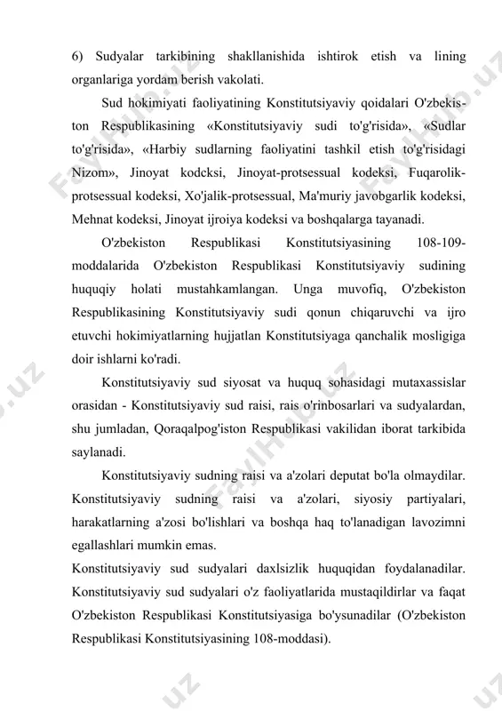 , viloyat, shahar, tumanlararo, turnan sudlari va harbiy sudlarning sudlov faoliyati ustidan nazorat olib boradi va ularning ishlarini umumlashtiradi. o'zbekiston respublikasi oliy sudi, ishlarni birinchi instansiya sudi sifatida va nazorat tartibida ko'radi. u o'zi birinchi instansiya sifatida ko'rgan ishlarni apellyatsiya yoki kassatsiya tartibida shikoyat berish (protest bildirish) huquqiga ega bo'lgan shaxslarning xohishiga ko'ra apellyatsiya yoki kassatsiya tartibida ko'rishi mumkin. apellyatsiya tartibida ko'rilgan ish kassatsiya tartibida ko'rilmasligi kerak. o'zbekiston respublikasi oliy sudi — sud raisi, uning birinchi o'rinbosari va o'rinbosarlari, sudlov hay'atlari raislari, o'zbekiston respublikasi oliy sudi sudyalaridan iborat bo'lib, quyidagi tarkibda ish olib boradi: — o'zbekiston respublikasi oliy sudi plenumi; — o'zbekiston respublikasi oliy sudi rayosati; — fuqarolik ishlari bo'yicha sudlov hay'ati; — jinoyat ishlari bo'yicha sudlov hay'ati; — harbiy hay'at. o'zbekiston respublikasi oliy sudi plenumi eng yuqori sudlov instansiyasi bo'lib, o'zbekiston respublikasi oliy sudi sudyalari va qoraqalpog'iston respublikasi oliy sudlarining raislaridan iborat tarkibda ish olib boradi. fuqarolik ishlari bo'yicha …