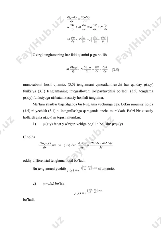 i x ga nisbatan differensiallab (3.10) hosil bo’lgan tenglama x(() va dx/d( ga nisbatan chiziqli tenglamadir. uni yechib f(x, ,c)=0 ni hosil qilamiz. demak, lagranj tenglamasini yechimi parametrik ko’rinishda bo’ladi. (3.10) tenglamani hosil qilishda deb qaralgan edi. demak, bunda =const yechimlar, agar ular mavjud bo’lsa, yo’qotilgan edi. =const bo’lsa, u holda (3.10​1) tenglama faqat , bo’lganda bajariladi. demak, agar tenglama haqiqiy r=ri ildizlarga ega bo’lsa, yuqoridagi yechimlarga yana y=x ((()+(((), (=(i yechimlarni ham qo’shish kerak bo’ladi. klero tenglamasi (-((()(0 bo’lsin. d(/dx ga bo’lishdan (=с, с=const yechimlar yo’qotilgan bo’ladi. bu holda (( )= bo’lib, (3.9) tenglama y=x +(( ) (3.11) ko’rinishiga keladi va bu tenglama- klero tenglamasi deyiladi. bu teglamani yechish uchun =( deb belgilash kiritamiz. natijada y=x(+((() ni hosil qilamiz. bu tenglamani x bo’yicha differensiallab (=(+xd(/dx+(’(()d(/dx yoki tenglamani hosil qilamiz. bundan d(/dx=0, demak (=c yoki x+(’(()=0. (=с da yechimdan y=cx+((c) ikkinchi holda esa yechim ko’rinishda bo’ladi. a d a b …