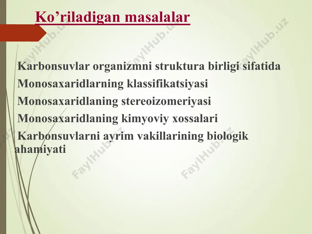 ularning xarakatchan muvozanat hosil bulguncha bir-biriga utib turishi yotadi. halqa-okso tautomeriya mutaratatsiya d-glyukoza -d-glyukofuranoza -d-glyukopiranoza β- d-glyukofuranoza β-d-glyukopiranoza monosaxaridlarning keto-enolli tautomeriyasi ishqorlar ta'sirida yuzaga keladi va karbonil shaklining (aldegid yoki keton) enol shakliga (aniqrog'i, endiol) ikkita bilan o'tishidan iborat.qo'sh bog' bilan bog'langan uglerod atomlaridagi oh guruhlari, ya'ni. epimerik monosaxaridlar uchun umumiy endiol hosil bo'lishida. keto-enol tautomeriyasi orqali epimerik monosaxaridlar bir-biriga aylanishi mumkin. d-fruktoza enol d-glyukoza monosaxaridlarning kimyoviy xossalari 1. qaytarilish reaksiyasi c o h c h c c ch2oh oh h oh h no cn2on c h c c ch2oh oh h oh h no d- ksiloza ksilit etiboringiz uchun rahmat image1.jpeg image2.jpeg image3.jpeg image4.jpeg image5.jpeg image6.png image7.jpeg image8.png image9.png image10.png image11.png image12.jpeg image13.jpeg image14.png image15.jpeg image16.png image17.jpeg image18.png image19.jpeg