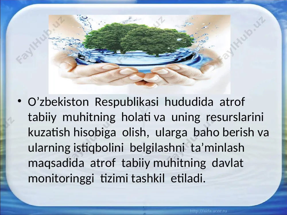 . davlat atrof tabiiy muhit holatini nazorat etish xizmatining tarkibi, uni tashkil etish va faoliyat ko’rsatishini tartibi, davlat tarkibiy resurslar kodastrlarini atrof muhitga zararli ta’sir etuvchi ob’yektlarning davlat hisobini yuritish tartibi. tabiatni muhofaza qilishni ta’minlashning iqtisodiy tartiboti; tabiiy resurslardan maxsus foydalanganlik uchun, atrof tabiiy muhitni ifloslantirilganlik va atrof tabiiy muhitga boshqacha tarzda zararli ta’sir ko’rsatganlik uchun to’lov undirishni kam chiqitli va resurslarni tejaydigan texnologiyalar joriy etilganida, tabiatni muhofaza qilish tabiiy resurslarni qayta tiklashda samara beruvchi faoliyat amalga oshirilganda korxonalar, muassasalar , tashkilotlarga, shuningdek ayrim shaxslarga soliq, kredit imtiyozlariga va o’zga imtiyozlar berishni. ekologiya nuqtai nazardan xavfli texnologiyalarni qo’llaganlik va o’zga faoliyatni amalga oshirganlik uchun korxonalar, muassasalar, tashkilotlarga nisbatan maxsus soliqlar joriy erish; atrof tabiiy muhitni ifloslantiruvchi moddalarni chiqarish, oqizish yoxud ekologiya nuqtai nazardan o’zga zararli faoliyatni amalga oshirish huquqini belgilovchi lisenziyalar olishni tabiiy muhitning qulay holatini buzgan korxonalar, muassasalar, tashkilotlar va fuqarolar zimmasiga uni tiklash vazifasi yuklanadi. tabiatni muhofaza qilish …