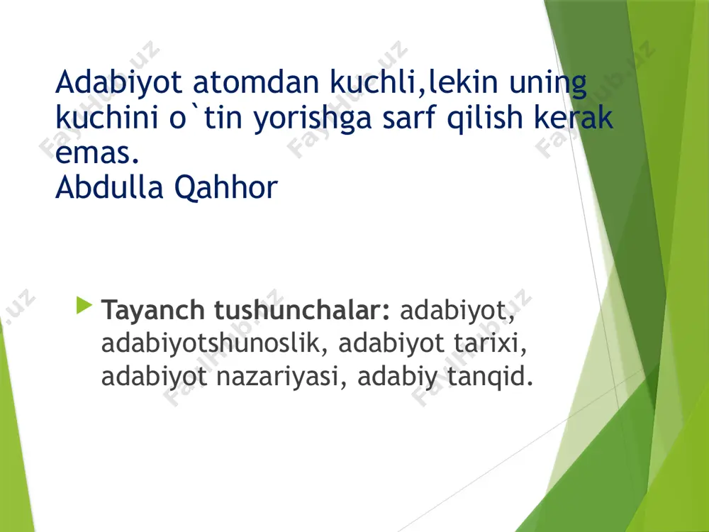 atlari xususida mulohaza bildirgan. v.belinskiy (1811-1848) adabiy tur va janrlarni ta’riflab, tahlil qilganida “literatura” so‘zi o‘rnida “poeziya” so‘zini qo‘llagan. biroq “adabiyot” istilohi muqobili sifatida qanday so‘z qo‘llanmasin, shunisi aniqki, bu so‘z barcha zamonlarda hamma xalqlar hayotida alohida o‘rin tutgan. jumladan, turli sohalarga taalluqli barcha manbalar ham “adabiyot” deb yuritilgan. iqtisodiyot, texnika kabi tarmoqlarga oid jamiki kitoblar, maqolalar, umuman, yozma manbalar “iqtisodiy adabiyot”, “texnika adabiyoti”, “siyosiy adabiyot” va hokazo deb yuritilgan. tarixiy burilishlar davrida har bir xalqning hayotida esa “hozir adabiyotning ahvoli qanday? endi adabiyot qanday bo‘lishi kerak?” degan savol paydo bo‘ladi. o‘sha paytda ayni muammo ilg‘or ziyolilarni har qachongidan ko‘ra ko‘proq o‘ylantiradi. xx asr boshida behbudiy, avloniy, fitrat, cho‘lpon, qodiriy singari ijodkorlarning hayot yo‘li va ijodiy faoliyati ham shundan dalolat beradi. chunki adabiyot san’atning boshqa turlariga qaraganda kishilarning dardi, g‘am-qayg‘usi, o‘zi yashayotgan muhitga munosabati, istak-xohish, orzu-umid, intilishlarini, bir-biri bilan o‘zaro aloqasini o‘zida aniqroq aks ettiradi. shu bois adabiy jarayonga, badiiy …