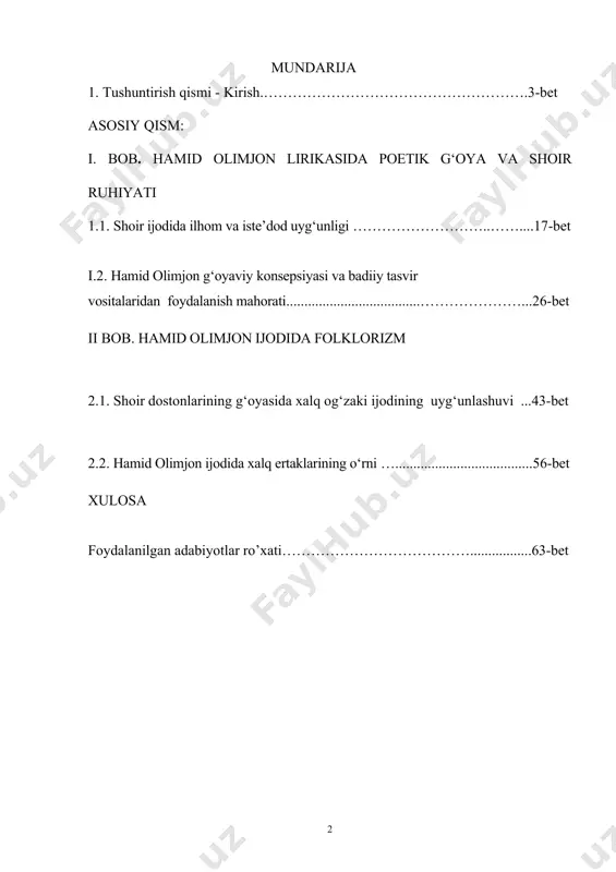 rganish miqdori sezilarli ozayganligida namoyon bo‘lmoqda. badiiy adabiyotga faqat bugunning talablaridan kelib chiqib yondashish uni publitsistika darajasiga tushiradi, nafis adabiyotning diapozonini bugunning manfaati qadar toraytiradi. xolbuki, bugun yaratilayotgan badiiy asar faqat bugungagina tegishli emas. shuning uchun ham chinakam badiiyat namunalariga ijtimoiy-siyosiy talablaridan kelib chiqib baho berish noto‘g‘ridir. aslan mangulikka, juda bo‘lmaganda, umrzoqlikka da’vogar adabiy yaratiqlarni baholaydigan o‘lchovlar ham hodisalarga yarasha miqiyosli bo‘lishi lozim. bizdan oldin yashab o‘tgan adiblarning faoliyatiga bizning bugungi ijtimoiy manfaatlarimizga qanchalik tug‘ri kelishiga qarab emas, balki badiiy asarlarining betakrorligi va inson ma’naviyatini yuksaltirishga qanchalik yaroqli ekanidan kelib chiqib baho berish sog‘lom aqlga muvofiq bo‘ladi. adabiyot ilmi uchun biror yozuvchining qaysi tuzumga qanchalik xizmat qilgani yoki qilmaganini aniqlashdan ko‘ra, uning yaratiqlari millatning bugungi badiiy tafakkuri va ma’naviyatiga nima berishi mumkinligini tekshirish ko‘proq naf keltiradi. shu nuqtai nazardan hamid olimjon lirikasining poetik g‘oyasi va ijodkor g‘oyaviy konsepsiyasi ayniqsa uning qolklordan foydalanish mahoratini tadqiq etish bitiruv malakaviy ishimizning dolzarbligini belgilaydi. …