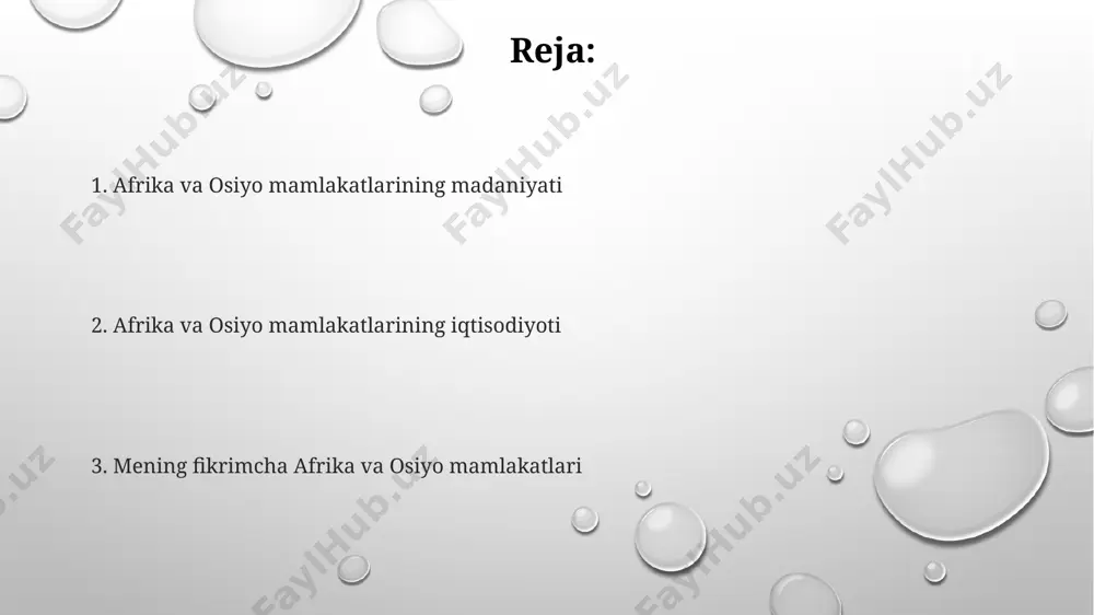 ladan, texnologiya transferi, qishloq xo'jaligi va infratuzilma rivojlantirishda hamkorlik qilmoqda, misr va hindiston o'rtasidagi aloqalar misol bo'la oladi. afrika va osiyo o'rtasidagi savdo hajmi 2022-yilda 250 milliard dollarni tashkil etdi, bu ikki qit'a o'rtasidagi iqtisodiy hamkorlikning kengayayotganini ko'rsatadi, xususan, janubiy afrika va xitoy o'rtasidagi munosabatlar sezilarli darajada kuchaygan. xulosa: afrika va osiyo haqida fikrlarim afrika va osiyo mamlakatlarining 2023-yilgi yaim o'sish sur'atlari sezilarli darajada farq qiladi, masalan, nigeriya 3%, hindiston esa 7% atrofida. bu iqtisodiy rivojlanishdagi katta tafovutni ko'rsatadi. osiyo qit'asining janubiy qismidagi mamlakatlar, xususan, bangladesh va vetnam kabi davlatlar, matolar eksporti bilan dunyo bozorlarida 50% dan ortiq ulushga ega. afrika mamlakatlarining 60% dan ortig'i sahroi kabirdan janubda joylashgan bo'lib, ularning aholisining ko'pchiligi qishloq xo'jaligida band. bu mintaqaning rivojlanishida muhim omil hisoblanadi. osiyo mamlakatlarining kelajagi markaziy osiyo davlatlari, jumladan, o'zbekiston va qozog'iston, 20-yillarning oxiriga kelib, 100 milliard dollardan ortiq to'g'ridan-to'g'ri xorijiy investitsiyalarni jalb qilishni maqsad qilgan. osiyo mamlakatlarining 2030-yilga kelib …