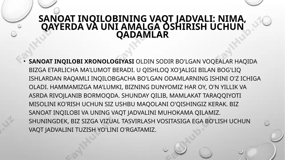 noat inqilobi to'qimachilik, ko'mir va temirga e'tibor qaratdi. ikkinchi sanoat inqilobi (1870-1914) ikkinchi sanoat inqilobi 1870-yillarda sodir bo'ldi. asosiy materiallar haqida zamonaviy sanoat tabiiy va sintetik resurslardan ko'proq foydalana boshladi. bular nodir yerlar, qotishmalar, metallar, plastmassalar va energiya manbalaridir. ushbu birlashtirilgan resurslar bilan u asboblarni ishlab chiqishga aylandi. shuningdek, u zavod yaratishga imkon bergan kompyuterlar va mashinalarni o'z ichiga oladi. shuningdek, ikkinchi sanoat inqilobida avtomatik ishlash o'zining asosiy ahamiyatini oshirdi. bu asrning ikkinchi yarmida sodir bo'ldi. uchinchi sanoat inqilobi (xx asr) uchinchi sanoat inqilobi g'oyasining yaratuvchisi jeremi rifkin edi. u amerikalik iqtisodchi va sotsiolog. uchinchi inqilob, shuningdek, raqamli inqilob yoki razvedka inqilobi sifatida ham tanilgan. bu iqtisodiy o'zgarishlar haqida. yangi energiya tizimlari yangi aloqa texnologiyalari bilan birlashadi. uchinchi sanoat inqilobi axborot asrining boshlanishi edi. bundan tashqari, uchinchi inqilobning diqqat markazida elektron chiplar haqida. u ommaviy ishlab chiqarish, kompyuterlar, uyali telefonlar va internetni o'z ichiga oladi. to'rtinchi sanoat inqilobi (21-asr) 4-sanoat …