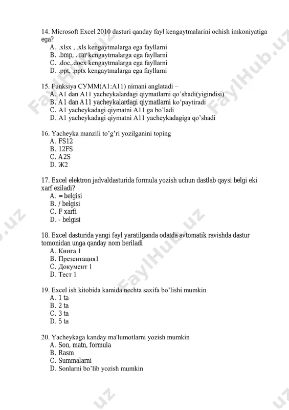 buyruq 23. microsoft exselда necha ustun va kator bor a. 16384 ta utun va 1048576 ta qator b. 25656ta ustun va 1255560 ta qator c. 16594 ta ustun va 1655660 qator d. 65536 ta ustun va 1205256 qator 24. microsoft exselda tanlangan yacheykasiga o‟tish uchun manzil qanday ko‟rsatiladi a. ustun nomi va satr nomeri orqali b. satr nomi va formulalar orqali c. ustun nomi va xarflari d. buyruq yordamida 25. excel да диаграммаларни танлаш қайси меню орқали амалга оширилади? a. вставка b. таблица c. правка d. сервис 26. sum nima ma‟noni bildiradi? a. barcha argumentlar qiymatining yig‟indisini hisoblaydi; b. qiymatlar yigindisini hisoblang; c. argumentlarni hisoblaydi; d. barcha javoblar to‟gri 27. “ = ” tenglik belgisi excel da nima vazifani bildiradi? a. hamma vaqt formulaning dastlabki simvoli hisoblanadi b. arifmetik belgi hisoblanadi. c. matn kiritish d. berilgan ifodalarni bir biridan ajratib turadi. 28. elektron jadvallardagi diagramma – bu? a. ma'lumotlarni grafik …