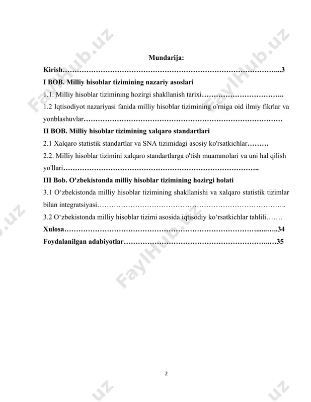 irlar amalga oshirildi. ayniqsa, milliy hisoblar tizimini 1993 va 2008-yilgi sna (system of national accounts) talablari asosida joriy etish yo‘lida qator islohotlar olib borildi. bu esa o‘zbekistonning global iqtisodiy makonda o‘z o‘rnini topishi, xalqaro moliyaviy institutlar bilan hamkorlikda ishlashi va makroiqtisodiy ko‘rsatkichlarning ochiqligini ta’minlashga xizmat qildi. shu bilan birga, mamlakatda milliy hisoblar tizimini yanada takomillashtirish, xususan, raqamli iqtisodiyot, norasmiy sektor, yashirin iqtisodiy faoliyat va ekologik omillarni hisobga olish kabi yo‘nalishlarda hali ham rivojlantirish zarur bo‘lgan jihatlar mavjud. ushbu kurs ishida o‘zbekistonda milliy hisoblar tizimining shakllanish bosqichlari, uning hozirgi holati, asosiy ko‘rsatkichlar tahlili va xalqaro statistik tizimlar bilan integratsiyasi o‘rganiladi. shuningdek, mavjud muammolar tahlil qilinib, istiqboldagi ustuvor yo‘nalishlar yuzasidan takliflar ishlab chiqiladi. kurs ishining maqsadi: o‘zbekistonda milliy hisoblar tizimining rivojlanish bosqichlarini, amaldagi tizimning holatini, asosiy iqtisodiy ko‘rsatkichlarni tahlil qilish va istiqbolli yo‘nalishlarni aniqlash. kurs ishining vazifalari: · milliy hisoblar tizimining nazariy asoslarini o‘rganish; · o‘zbekistonda milliy hisoblar tizimining shakllanish bosqichlarini yoritish; …