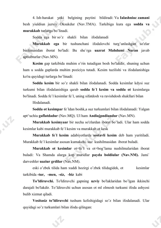 lan ifoda qilingan: i. ot bilan ifodalangan: bu zalimlar mulkni barbad (nav.myu- olmosh bilan: jamiki aniu kvrdilvr (nav.mk,). i. fe`lning amaliy shakllari bilan: ishleri tal pchmshniu, talamsh (nav.mk,). 2. olmosh bilan: alarda bu hasad daim bar erdi (nav.tma). 3.otlashgan sifat bilan: turkiy va far si da tab`i yaxshiu tasarruf quyaur (nav.mn). aniqlovchi. aniqlovchilar ham ma`no xususiyatiga ko'ra ikki guru^ga bulinadi: sifatlovchi aniclovchi va caratcich anshlovchi. sifatlovchi aniqlovchilar biror bulakning belgisini a ifodalanadi: foydalanilgan adabiyotlar ro’yxati: 1. axmedov b.a. gosudarstvo koclievix uzbekov. m., 1965. 2. baskakov n.a. vvedeniye v izucheniye tyurskix yazikov. m.1969. 3. batmanov i.a. yazik yeniseyskix pamyatnikov drevnetyurskoy pismennosti. frunze, 1959. 4. borovkov a.k. leksika sredneaziatskogo tefsira xii —xtii vv. m.r izd — vo «nauka», 1963. 5. blagova g.f. tyurskoye skloneniye v arealno— istoricheskom osveshenii. m., fed —vo «nauka», 1982. 6. www.ziyonet.uz