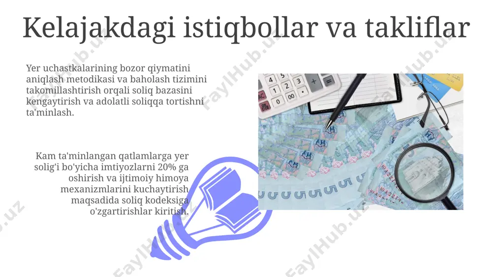 b qilishda muhim omil boʻlib, oʻrtacha 5-7% gacha investitsiya oqimining oʻsishini taʼminlashi mumkin. kam taʼminlangan qatlamlarga yer soligʻi boʻyicha imtiyozlar berish, ijtimoiy himoya darajasini oshirib, investitsiyalarni ijtimoiy yoʻnaltirilgan loyihalarga yoʻnaltirishga yordam beradi. yer soligʻini toʻlash tartibi va muddatlari yer solig'i to'lovlarining muddatini o'tkazib yuborilishi, soliq miqdorining 0,3% miqdorida kechikish jarimaga tortiladi, bu esa yillik 36% dan ortiq kechikish jarimaga olib kelishi mumkin. yer solig'i to'lovlari yil davomida 1-chorak (1 aprelgacha), 2-chorak (1 iyulgacha), 3-chorak (1 oktyabrgacha) va 4-chorak (1 yanvargacha) bo'lib to'rtta teng ulushda amalga oshiriladi. yer soligʻining yer resurslaridan samarali foydalanishga taʼsiri 01 02 soliq tushumlarining 25% gacha qismi yer resurslarini muhofaza qilish va ularning unumdorligini oshirishga qaratilgan davlat dasturlariga yoʻnaltirilib, ekologik barqarorlikka hissa qoʻshadi. sales 1st qtr 2nd qtr 100 0 sales 1st qtr 2nd qtr 100 0 yer soligʻining ijtimoiy-iqtisodiy oqibatlari soliq tushumlarining 15-20% ini yer soligʻi tashkil etib, byudjetga qoʻshimcha mablagʻlarni jalb qilish va ijtimoiy dasturlarni …