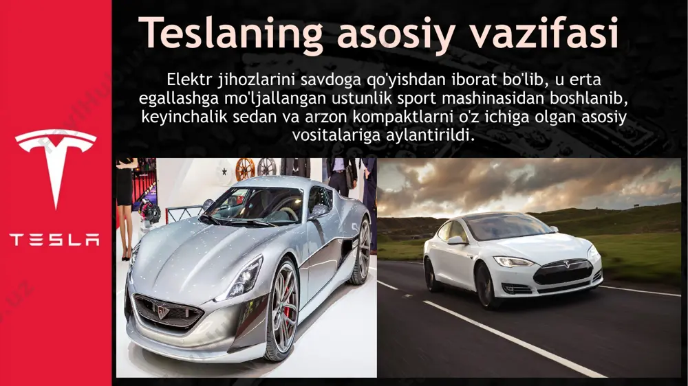 ina model 3 uchun haydovchiga qaragan kamera bilan yangilandi. find more powerpoint templates on prezentr.com! find more powerpoint templates on prezentr.com! tesla boshqa ishlab chiqaruvchilar uchun original uskunalarni ishlab chiqaruvchi (oem), ishlab chiqarish quvvati komponentlari sifatida ishlaydi. tesla daimler va toyota bilan hamkorlikni tasdiqladi. kompaniya shuningdek, panasonic bilan akkumulyator va quyosh panelini tadqiq qilish va rivojlantirish bo'yicha sherik sifatida ishlaydi. kompaniya freightliner trucks'ning maxsus elektrokompaniyasi uchun batareya paketlarini etkazib beradi. hamkorlar mercedes-benz b-sinf elektr trubkasi tesla tomonidan ishlab chiqarilgan batareyadan foydalanadi. find more powerpoint templates on prezentr.com! moliyaviy holati kompaniya rahbari ilon mask chorakni tesla tarixidagi eng yaxshisi deb atadi: avtoulov ishlab chiqaruvchisi sof foydasini 2019 yil iyul-sentyabr oylarida $143 mlnga nisbatan $331 mln. deb e’lon qildi. uchinchi chorakda kompaniyaning daromadi 39 foizga o‘sdi - rekord darajadagi 8,77 milliard dollarni tashkil etdi, tahlilchilar 8,3 milliard dollarni kutgan. tesla kelgusi yilda ishlab chiqarish hajmining sezilarli darajada o‘sishini, butun elektr yarim tirkamali …