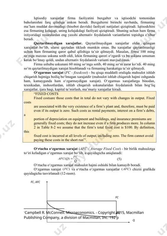 omad; - umumiy xarajat. xarajatlar firmaga nisbatan tashqi va ichki xarajatlarga bo‘linadi. tashqi xarajatlarga tashqi to‘lovlar, ya’ni tashqi mol yetkazib beruvchilarga (xom-ashyo, materiallar, elektroenergiya, gaz) to‘lovlar kiradi. umumiy daromaddan tashqi xarajatlarni ayirib tashlasak, buxgalteriya foydasini olamiz. buxgalteriya foydasi ichki (yashirin) xarajatlarni hisobga olmaydi ichki xarajatlar sifatida quyidagilar qaraladi: 1) tadbirkorning o‘ziga tegishli resurslarga bo‘lgan xarajati; 2) tadbirkorlik qobiliyatiga to‘g‘ri keladigan va tadbirkorga tegishli bo‘lgan normal foyda. buxgalteriya foydasidan ichki xarajatlarni ayirib tashlasak iqtisodiy foydani olamiz. tashqi va ichki xarajatlarning yiіindisi alternativ yoki iqtisodiy xarajatlarni tashkil qiladi. alternativ xarajatlar, firmaning resurslaridan eng yaxshi variantda foydalanishi bilan bog‘liq yo‘qotilgan imkoniyatlardir. iqtisodiy xarajatlar firma faoliyatini buxgalter va iqtisodchi tomonidan baholanishni farq qilishga imkon beradi. buxgalterni birinchi navbatda, firmaning ma’lum muddat davomidagi (hisobot davrida) faoliyati natijalari qiziqtiradi. iqtisodchini esa firmaning kelajagi, uning kelajakdagi faoliyati qiziqtiradi. shuning uchun ham firma ixtiyoridagi resurslardan eng yaxshi alternativ foydalanish variantlarini topishga e’tibor beradi. qaytarilmaydigan xarajatlar. qaytarilmaydigan xarajatlar oldin …