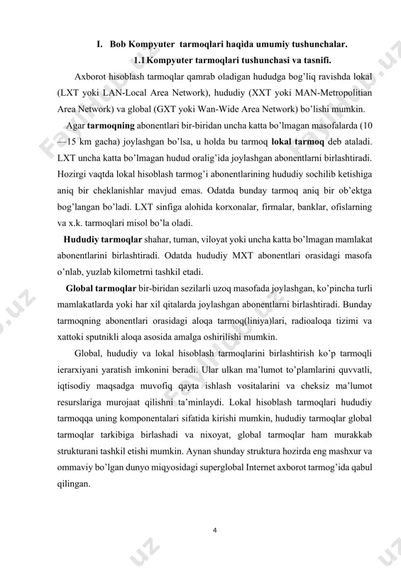 duzsimon), taqsimlangan-radialli, ierarxiya (daraxtsimon), to’liq, aloqali, aralashgan. ofislarda lokal tarmoqlarni yaratishda ko’proq shinali topologiya, kamroq ilmoqli va radial topologiya ishlatiladi. shinali topologiya tarmog’i chiziqli ma’lumotlarni uzatish kanalini ishlatadi, unga nisbatan qisqa biriktiruvchi liniyalar vositasi bilan interfeys plata orqali barcha uzellar ulangandir. tarmoqning uzatish uzelidan ma’lumotlar shina bo’yicha ikkala tomonga tarqatiladi. oraliqdagi uzellar kelayotgan axborotlarni translyaciya (olib ko’rsatish) qilmaydi. ma’lumot hamma uzellarga keladi, lekin axborotni kimga yuborilgan bo’lsa, o’sha qabul qiladi. shinali topologiya eng oddiy topologiyalardan biridir. bunday tarmoqni engil kuchaytiriladi va konfiguraciyalanadi hamda turli xil tizimlarga moslashtiriladi; u alohida uzellarning mumkin bo’lgan nosozliklariga nisbatan turg’undir. shinali topologiya tarmog’ini keng ma’lum bo’lgan ethernet(zernet) tarmog’i va uning bazasida tashkil etilgan, ofislarda ishlatiladigan, masalan, net ware novell tarmog’i ham ishlatadi. ilmoqli topologiya tarmog’ida hamma uzellar aloqa kanallari bilan umumiy yopiq ilmoqqa (halqaga) ulangan. tarmoq bir uzelining chiqishi keyingisining kirishi bilan ulanadi. halqa bo’yicha ma’lumot uzeldan uzelga uzatiladi va har bir uzel yuborilgan axborotni …
