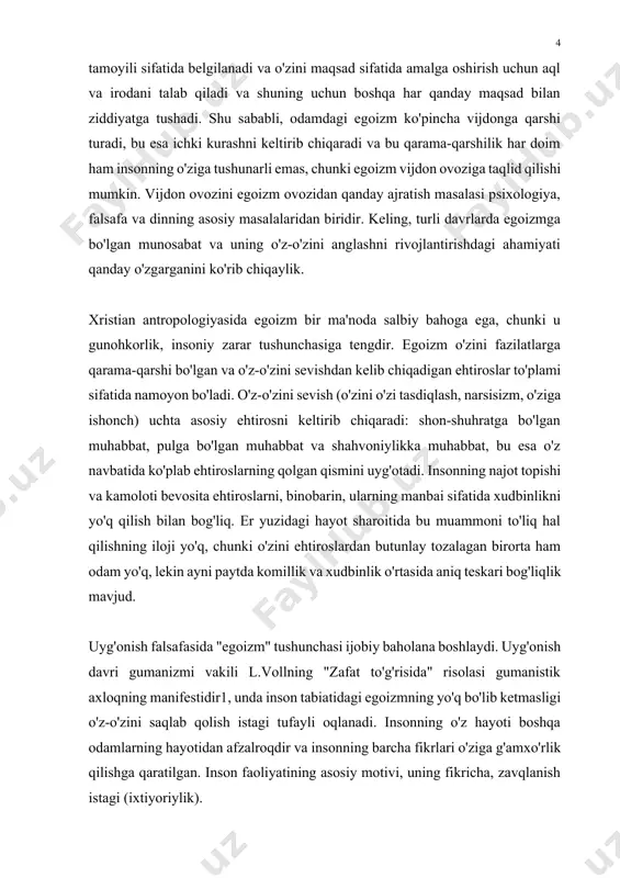ik tabiati natijasida paydo bo'lgan. davlat eng yuqori kuch bo'lib, u alohida odamlarning xudbin intilishlariga nisbatan qat'iy chegara qo'yishga va shu bilan ularni o'z-o'zini yo'q qilishdan qutqarishga qodir. 2 bu erda biz qarama-qarshilikka duch kelamiz: bir tomondan, xudbinlik rivojlanishning asosiy rag'bati bo'lsa, ikkinchi tomondan, xudbinlik intilishlari o'z-o'zini yo'q qilishga olib keladi, bundan kelib chiqadiki, davlat xuddi shu xudbinlikdan kelib chiqadi. , himoya qilishga chaqiriladi. ushbu qarama-qarshilikni bartaraf etish muammoni chuqurroq tahlil qilishni talab qiladi. ma'rifat falsafasi inson tabiatiga zarar yetkazish faktini tubdan e'tiborsiz qoldirgan va shuning uchun egoizmni insonning tabiiy mulki deb hisoblagan, dunyo va insonning barcha nomukammalliklarini tabiiy mavjudot sharoitlaridan chetga chiqish va soxta falsafiy va soxta falsafa bilan izohlagan. birinchi navbatda sxolastik g'oyalar. ma’rifatparvarlarning fikricha, o‘z jismoniy mohiyatiga ko‘ra, o‘zini asrashga intiluvchi har bir inson zavq olishni, azob-uqubatlardan qochishni istaydi, ya’ni o‘zini sevuvchi sifatida harakat qiladi. holbuki, inson aql-idrok nuri bilan ma’rifatli va bilimli bo‘lib, o‘z shaxsiy manfaatini …