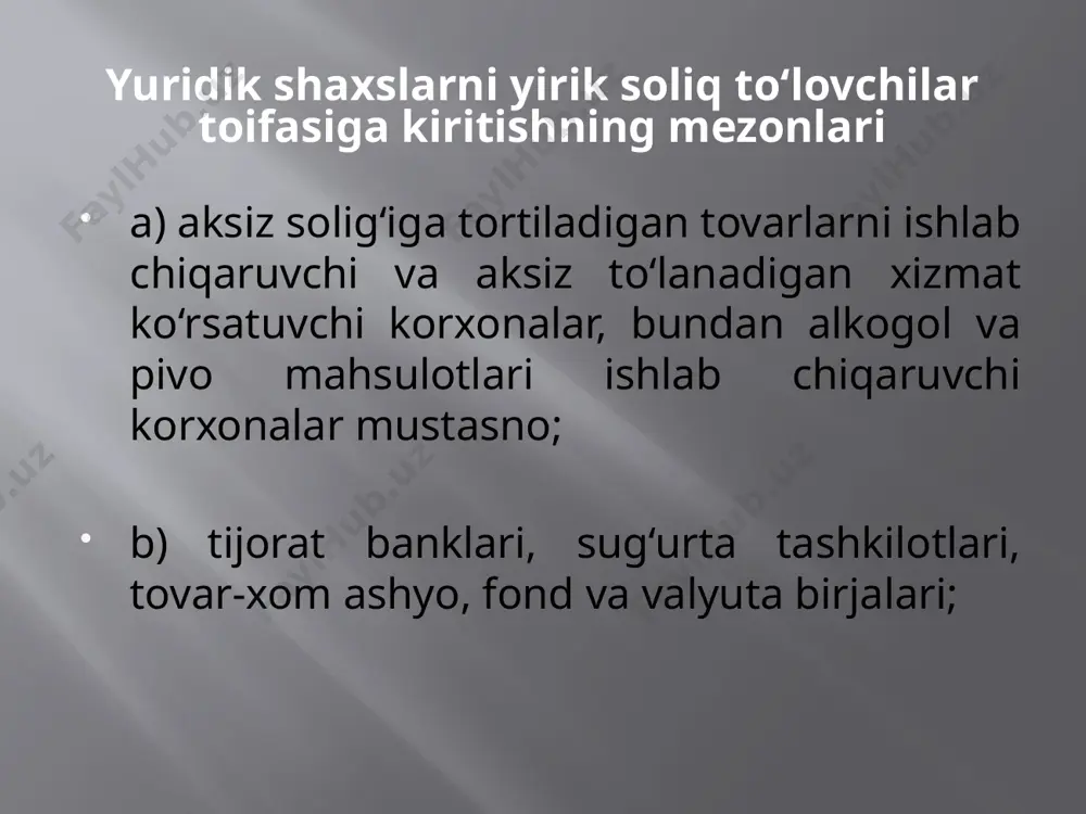 bul qilinadigan qarorlarning sifati, natijalari va oqibati; - soliq xizmati organlarini rivojlantirish bo‘yicha dasturlar, chora-tadbirlar rejalari, “yo‘l xaritalari” va boshqa dasturiy hujjatlarning samarali amalga oshirilishi, muammoli masalalar hal etilishi; - yirik soliq to‘lovchilarning huquqlari va qonuniy manfaatlarini himoya qilish va ularga rioya qilishlarini ta’minlash. 2024 yil davomida 949 ta yirik soliq to‘lovchi salkam 123,3 trln so‘m soliq to‘lagan. shundan 70,25 trln so‘mi davlat ulushi mavjud bo‘lgan 10 ta yirik soliq to‘lovchi hissasiga to‘g‘ri kelgan. davlat ulushi mavjud bo‘lgan eng yirik top-10 soliq to‘lovchi eng ko‘p soliq to‘lash bo‘yicha o‘ntalik yetakchisi “navoiy kon-metallurgiya kombinati” bo‘ldi — 35,5 trln so‘m. keyingi o‘rinlarni “olmaliq kon-metallurgiya kombinati” (10,8 trln so‘m), uran ishlab chiqaruvchi va eksport qiluvchi “navoiyuran” (4,6 trln so‘m), “o‘zbekneftgaz” neft-gaz kompaniyasi (4,19 trln so‘m), aholi va tadbirkorlarni gaz bilan ta’minlovchi “xududgazta’minot” (4 trln so‘mdan ortiq), davlatning gaz importchisi va eksportchisi hisoblangan uzgastrade (3,87 trln so‘m) egalladi. davlat ulushi mavjud bo‘lgan yirik soliq …