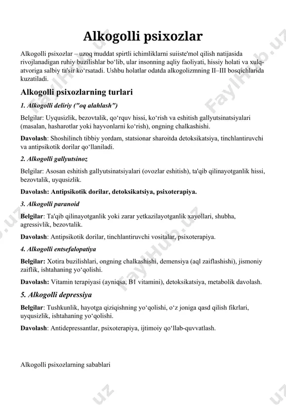 antidepressantlar, psixoterapiya, ijtimoiy qo‘llab-quvvatlash. alkogolli psixozlarning sabablari uzoq muddatli va muntazam spirtli ichimliklarni iste'mol qilish: bu miya faoliyatining buzilishiga olib keladi. genetik moyillik: ba'zi odamlar genetik jihatdan alkogolizmga ko‘proq moyil bo‘lishadi. vitamin b1 (tiamin) yetishmovchiligi: spirtli ichimliklar tiaminning so‘rilishini kamaytiradi, bu esa miya faoliyatiga salbiy ta'sir ko‘rsatadi. stress va psixologik bosim: ba'zi odamlar stressni yengish uchun spirtli ichimliklarga murojaat qilishadi, bu esa qaramlikka olib kelishi mumkin. spirtli ichimliklarni to‘satdan tashlash: uzoq muddatli ichkilikbozlikdan so‘ng spirtli ichimliklarni keskin to‘xtatish psixozlarni qo‘zg‘atishi mumkin. davolash va profilaktika alkogoldan voz kechish: bu psixozlarning oldini olish va davolashning eng muhim qismidir. tibbiy nazorat ostida dori-darmon terapiyasi: antipsikotiklar, antidepressantlar va boshqa dorilar shifokor tomonidan buyuriladi. vitamin va mineral terapiyasi: ayniqsa, b1 vitamini (tiamin) qo‘llanilishi muhim. psixoterapiya: ruhiy qo‘llab-quvvatlash, stressni boshqarish va xulq-atvorni o‘zgartirishga qaratilgan terapiyalar. ijtimoiy qo‘llab-quvvatlash: oila, do‘stlar va qo‘llab-quvvatlash guruhlarining yordami bemorning tiklanishida katta ahamiyatga ega. alkogolli psixozlar jiddiy va hayot uchun xavfli holatlar …