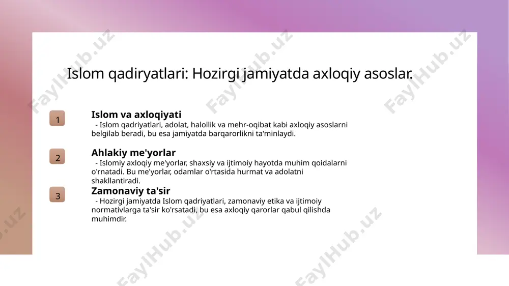 gi ijtimoiy o'zgarishlarga ta'sir qiladi. ular, xalqimizning birligi va identitetini mustahkamlashda muhim rol o'ynaydi. 4 kelajak yo'nalishlari - o'zbekistonning kelajagi marifat va ma'naviyatga asoslanadi. yosh avlodni tarbiyalashda islomiy qadriyatlar, ijtimoiy barqarorlikni ta'minlaydi va taraqqiyotga yordam beradi. islom qadiryatlari va zamonaviy etika: qanday yo'l ko'rsatadi? 01 islomiy axloq asoslari islomiy qadriyatlar, adolat, bag‘ishlash va sabr kabi axloqiy asoslarni taklif etadi, bu esa zamonaviy jamiyatda ijtimoiy barqarorlikni ta'minlaydi. 02 ta'lim va etika o'zbekistonda ta'lim tizimida islomiy qadriyatlar axloqiy ma'naviyatni shakllantiradi, bu esa yosh avlodni to‘g‘ri yo‘lga yo‘naltirishga yordam beradi. 03 madaniy identitet islomiy qadriyatlar o'zbekistonning madaniy identitetini mustahkamlab, milliy g‘urur va birlikni rivojlantirishga xizmat qiladi, zamonaviy etika bilan uyg‘unlashadi. madaniyat va ma'naviyat: hozirgi jamiyatda o'zaro ta'siri 1 madaniyat va ma'naviyat madaniyat va ma'naviyat o'rtasidagi o'zaro ta'sir, insonlarning axloqiy qadriyatlarini shakllantiradi va ijtimoiy barqarorlikni ta'minlaydi. 2 ijtimoiy muhit zamonaviy jamiyatda, madaniyat va ma'naviyat ijtimoiy muhitga ta'sir ko'rsatadi, insonlar orasida hamjihatlik va o'zaro hurmatni …