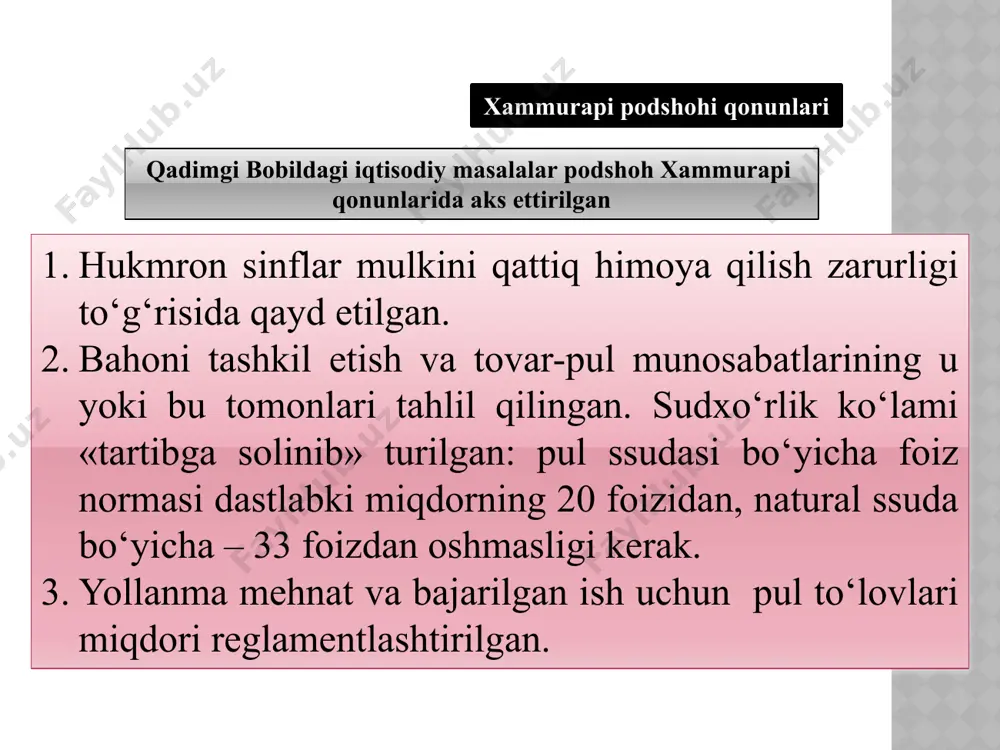 nisbatan tekis taqsimlanishi, soliqlarning me’yorida bo‘lishi, dehqonchilik ishlarida hamma o‘z vazifasini bajarishi zarur deyiladi. asosiy g‘oyalari syun-szi (miloddan avvalgi ) asosiy g‘oyalari davlatning boyishi tarafdori bo‘lgan; qonunga amal qilgan holda boylikka intilgan kishilarni qo‘llab-quvvatlagan; mehnat taqsimoti zarurligi g‘oyasi ilgari surilgan; davlatning iqtisodiy siyosati 3 ta asosiy tamoyilga asoslanishi kerakligi ta’kidlanadi: - xarajatlarni iqtisod qilish; - xalq farovonligini ta’minlash; - ortiqcha mahsulot zaxiralariga ega bo‘lish zarurligi. legistlar (qonuniy) oqimi (miloddan avvalgi 351 yy.) asosiy g‘oyalari davlatlarning birlashgan yagona davlat bo‘lishini qo‘llab-quvvatlagan; qishloq xo‘jaligi va dehqonchilik munosabatlarini rivojlantirishga alohida e’tibor qaratgan; don masalasi davlatning eng bosh masalasi deb hisoblangan; davlat ravnaqi uchun ikki masala hal etish zarurligi ko‘rsatilgan: -don masalasi; -urush (yon-atrofdagi yerlarni bosib olish); qonun yo‘li bilan yig‘ilgan don miqdoriga bog‘liq yagona soliq tizimini kiritish taklif etiladi; qonun yo‘li bilan turli “ishyoqmaslar”ni “yerga qaytarish”, ya’ni dehqonchilik bilan shug‘ullanishga, mehnat qilishga majbur etish siyosatini qo‘llash zarurligi ta’kidlanadi. guan-szi (miloddan avvalgi iv asrlar) …