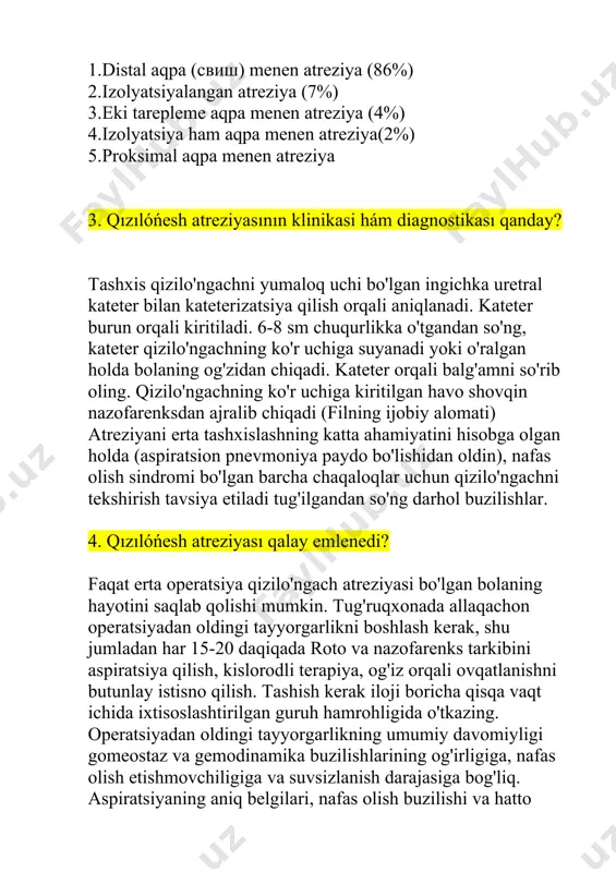 ı qanday? alomatlarning zo'ravonligi diametri va kirish burchagiga bog'liq. traxeyaga oqma. xarakterli alomatlar: oziqlantirish paytida paydo bo'ladigan yo'tal va siyanoz xurujlari, bola gorizontal holatda bo'lganida aniqroq. tor va uzun oqmalar bilan bola faqat ovqatlanayotganda yo'talishi mumkin. holat o'zgartirilsa, alomatlar kamayadi. bola ko'pincha pnevmoniya bilan og'riydi. eng yorqin klinik ko'rinish qachon kuzatiladi keng og'izlar, sutni oziqlantirish boshida allaqachon intrabronxial daraxtga osongina kirib boradi. atelektaz bilan o'pkada o'tkir yallig'lanish jarayoni tez rivojlanadi. traxeozofagial oqma tashxisi qiyin, ayniqsa tor oqmalar. tadqiqotlar majmuasi radiologik va instrumental usullarni o'z ichiga oladi. rentgen nurlari bolaning gorizontal holatida olinadi. dastlabki qismga kiritilgan prob orqali qizilo'ngach, floroskopiya nazorati ostida, suvda eruvchan hisoblagich eritmasi ast modda. uning traxeyaga oqishini ko'rsatadi komplektning mavjudligi. ushbu usulning axborot mazmuni past. ko'proq traxeoskopiya diagnostik ahamiyatga ega. traxeya tekshiriladi butun uzunligi bo'ylab - glottisdan bifurkatsiyagacha. yoriq shaklidagi oqma traxeyaning orqa yuzasida joylashgan. differentsial tashxis qizilo'ngach atreziyasi bilan amalga oshiriladi, achalasiakfdii> gastroezofagial reflyuks, torayishi qizilo'ngach, …