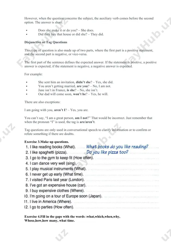 stion word. for example: · we go to the cinema. – who goes to the cinema? · the glass is on the table. – what is on the table? · most girls here wear skirts. – who wears skirts here? you can see that after the question words who and what, the third-person singular form of the verb should be used. we use special questions to get specific information. this implies that the answer will be more detailed. choice questions choice questions are questions that offer a choice of several options as an answer. they are made up of two parts, which are connected by the conjunction or. choice questions can be either general or specific. if the question does not centre on the subject of the sentence, a complete answer is needed. for example: · does she like ice cream or sweets? – she likes ice cream. · where …