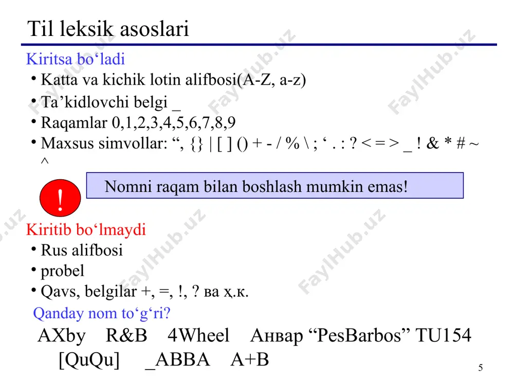 >> va > a; cin >> a>>b; == cin >> a; cin>>b; cin >> s1 >> s2 >> s3; cout > x; cout > y; cout > a; cout #include using namespace std; int main() { int a, b, c; cout >a>>b; c = a + b; cout = ; қиймат бериш операторлари * #include int main() { int a=0,b=4,c=90; char z=’\t’; a=b; cout таққослаш амалларининг натижаси - таққослаш ўринли бўлса, true (рост), акс ҳолда false (ёлғон) қиймат бўлади. агар таққослашда арифметик ифода қатнашса, унинг қиймати 0 қийматидан фарқли ҳолатлар учун 1 деб ҳисобланади. таққослаш амаллари * таққослаш амаллари ва уларнинг қўлланиши амаллар қўлланиши мазмуни (ўқилиши) a>b “a катта b” >= a>=b “a катта ёки тенг b” == a==b “a тенг b” != a!=b “a тенг эмас b” * с++ тили программа тузувчисига амалларнинг бажарилиш тартибини ўзгартириш имкониятини беради. худди математикадагидек, амалларни қавслар ёрдамида гуруҳларга жамлаш мумкин. қавс ишлатишга чеклов …