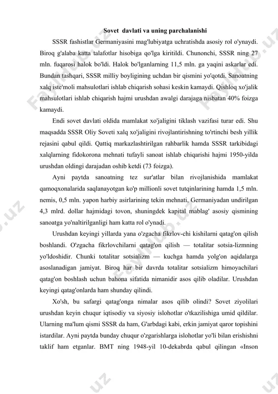 odiy islohotlar borasida ziyolilarning bir qismi korxonalar o'rtasida raqobat sharoitini vujudga keltirishni, hissadorlik jamiyatlarini tuzishni, davlat ta'minotini bekor qilishni, xususiy savdoni yo'lga qo'yishni, erkin narx joriy etilishini, kolxozlar mol-mulkini va ularga berilgan yerlarni oilalarga bo'lib berish yo'li bilan kolxozlarni amalda tugatishni taklif etdilar. siyosiy sohada esa muqobil saylov, rahbarlikka saylanuvchilarning vakolat muddati cheklanishi, milliy (aslida mustamlaka) respublikalarda esa ularning huquqlarini kengaytirish haqidagi takliflarni ilgari surdilar. biroq sssr rahbariyati bu takliflarni sotsializimni ichdan qo'porish, taklif mualliflarini esa sotsializmga qarshi unsurlar, deb baholadi. bu esa yangi qatag'onlar kompaniyasining boshlanishiga turtki bo'ldi. natijada ziyolilarning minglab ilg'or qismi, partiya-sovet xodimlari, respublikalar-ning milliy kadrlari qatag'onga uchradi. o'zbekistonliklar ham bu qatag'ondan chetda qolmadi. xususan, 1951-yilda mustabid tuzumning tayanchi bo'lmish xavfsizlik xizmati go'yo res-publika «yozuvchilar uyushmasi» da va ayrim matbuot organlarida «uya qurgan» 12 kishidan iborat «sovetlarga qarshi millatchi guruh» ni «fosh» etdi. davlat xavfsizlik xizmatining ushbu «faoliyati» natijasida yozuvchi va shoirlar shukrallo, shuhrat, shayxzoda, adabiyotshunos olim …