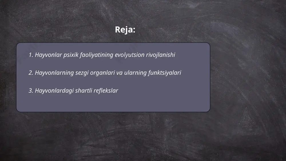 hartli reflekslarni o'rganib, hayvonlarda yangi reflektor bog'lanishlarni shakllantirishi mumkinligini ko'rsatgan. masalan, itlarga ovqatdan oldin qo'ng'iroq chalinsa, ya'ni shartli stimul berilsa, vaqt o'tib qo'ng'iroqning o'zi ham tupurik chiqarish refleksini uyg’otadi. ushbu jarayon tifeyonning miyasi yordamida o'rganiladi va takroriy ravishda mustahkamlanadi. shartli reflekslar hayvonlarning moslashish qobiliyatlarini oshiradi va ularning yovvoyi tabiatda omon qolishini ta'minlaydi. ... t.me/slaydai_bot 4. instinkt va taqlidning hayvonlar psixikasidagi roli hayvonlar psixikasi instinktlar va taqlid orqali shakllanadi. instinktlar tug‘ma xatti-harakatlar bo‘lib, hayvonning tug‘ma muhitiga moslashishini ta’minlaydi. masalan, qushlarning uya yasashi yoki asalarilarning nektar yig‘ishi instinktiv xatti-harakatlardir. taqlid esa o‘rganishni osonlashtirib, ovqat topish, xavfdan qochish kabi qobiliyatlarni rivojlantiradi. masalan, yosh maymunlar kattalardan taqlid qilib ovqatlanish usullarini o‘rganadilar. ushbu jarayonlar hayvonlar jamiyatida muvofiqlik va hayotiy tajribalarni oshirishga yordam beradi. taqlid va instinktlar o‘rtasidagi muvozanat biologik va atrof-muhit omillar bilan belgilanadi va hayvonlarning muvaffaqiyatli yashashiga xizmat qiladi. ... t.me/slaydai_bot hayvonlar psixikasidagi xatti-harakatning motivatsion omillari turli omillarga bog'liq bo'lib, ularning asosiylari biologik ehtiyojlar, …