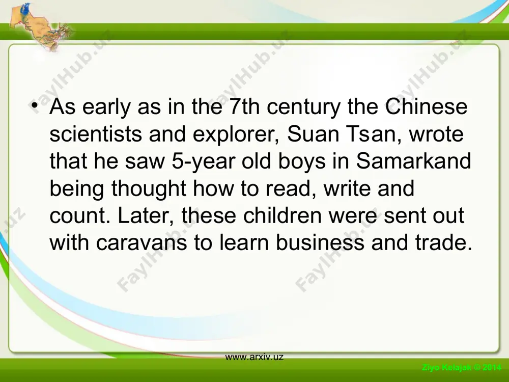 e being established. these schools specialize in foreign languages, economics and in ecological problems . ziyo kelajak © 2014 www.arxiv.uz www.arxiv.uz parallel to this, research work is being done on continuation of educational complex including kindergarten, high school, scientific research and retraining institutions. new methods and technologies are created rapidly based on the national and worldwide pedagogical needs. the basic principals of educational reforms in our republic are democratization and humanization. ziyo kelajak © 2014 www.arxiv.uz www.arxiv.uz ziyo kelajak © 2014 www.arxiv.uz www.arxiv.uz of course, all these processes are not easy and simple. the government has to solve many economical ,and social problems besides other conflicts. with the support of half million hardworking teachers who share the same idea we hope achieve our goal. we realize one of the main results to accomplishing educational reform is changing the thinking mentality of our people and society this is of great importance. …