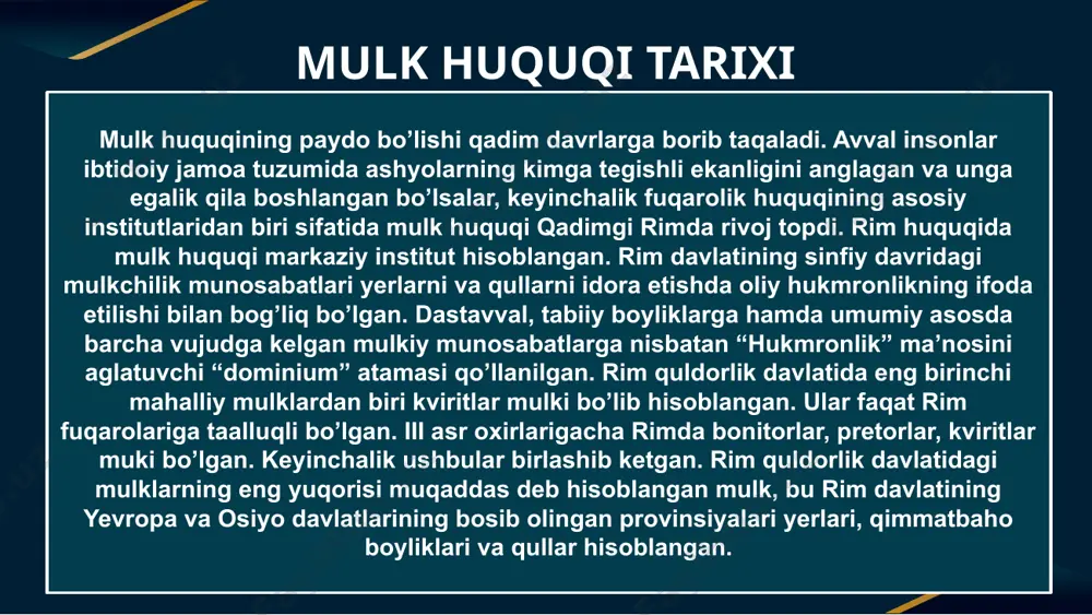 ulkdor o’z mol-mulkiga nisbatan qonunga zid bo’lmagan har qanday hatti-harakatlarni o’z xohishiga ko’ra sodir etishga haqli. mulkiy huquqni amalga oshirish atrof-muhitga zarar yetkazmasligi, fuqarolar, tashkilotlar va davlat huquqlarini buzmasligi, qonun bilan qo’riqlanadigan manfaatlarga zarar yetkazmasligi shart. iqtisodiyot samarali amal qilishiga va xalq farovonligining o’sishiga yordam beradigan har qanday shakldagi mulkchilik bo’lishiga ruxsat beriladi. mulkchilikning hamma shakllari himoya qilinishi qonun bilan kafolatlanadi va ularning teng rivojlanishiga sharoit yaratib beriladi. har kim mulkdor bo’lishga haqli. mulk shakllari oʻz mol-mulkiga xususiy egalik qilish, undan foydalanish va uni tasarruf etish huquqidan iborat xususiy mulk davlat mulki, respublika mulkidir, u ma’muriy-hududiy tuzilmalar, ya’ni munitsipal mulkdan iboratdir. ommaviy mulk e’tiboringiz uchun rahmat! credits: this presentation template was created by slidesgo, and includes icons by flaticon, and infographics & images by freepik foydalanilgan adabiyotlar “fuqarolik huquqi” (ikkinchi qism). darslik. v.r.topildiyev.“universitet”. toshkent. 2014. 255 bet “mulk huquqi”. maqola. wikipediya. https://uz.wikipedia.org/wiki/mulk_huquqi fuqarolik kodeksi. birinchi qism. https://lex.uz/docs/-111189 image3.jpg image4.png image5.png …
