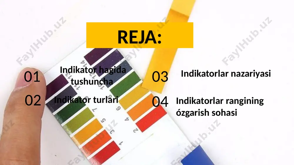 iy muhitda ham o’zgartiradi. indikatorlar nazariyasi 3 ostvald nazariyasi yoki ostvaldning suyultirish qonuni - kimyo nazariyasi, zaif elektrolitning xatti -harakati cheksiz suyultirishda keng tarqalgan dissotsiatsiyaga ega bo'lgan ommaviy harakat tamoyillariga amal qiladi. biz kuchsiz elektrolitlarning bu xususiyatini elektrokimyoviy aniqlash orqali tajribada kuzatishimiz mumkin. ostwald theory vs quinonoid theory in tabular form bu ostvald nazariyasi 1891 yilda vilgelm ostvald tomonidan taklif qilingan. bu nazariya arrenius nazariyasiga asoslangan. bu nazariya shuni ko'rsatadiki, kislota-asos indikatori yo zaif kislota, yoki eritmada qisman ionlashadigan kuchsiz asosdir. shuning uchun har xil rangdagi ionlashgan va birlashtirilgan shakllar mavjud. muh muhitning tabiatiga qarab, reaksiya muhitida yo ionlashgan, na birlashgan shakl ustunlik qiladi; shunday qilib, muhitning tabiatini o'zgartirish muhit rangini o'zgartirishi mumkin. masalan, fenolftalein - bu zaif kislota bo'lgan umumiy ko'rsatkich bo'lib, u muhitning ph ni oshirganda rangini rangsizdan pushti ranggacha o'zgartirishi mumkin. xinonoidlar nazariyasi-bu kimyoviy tuzilishdagi o'zgarishlarga ko'ra kislota-baz indikatorining rangi qanday o'zgarishini tasvirlaydigan kimyo nazariyasi. bu erda …