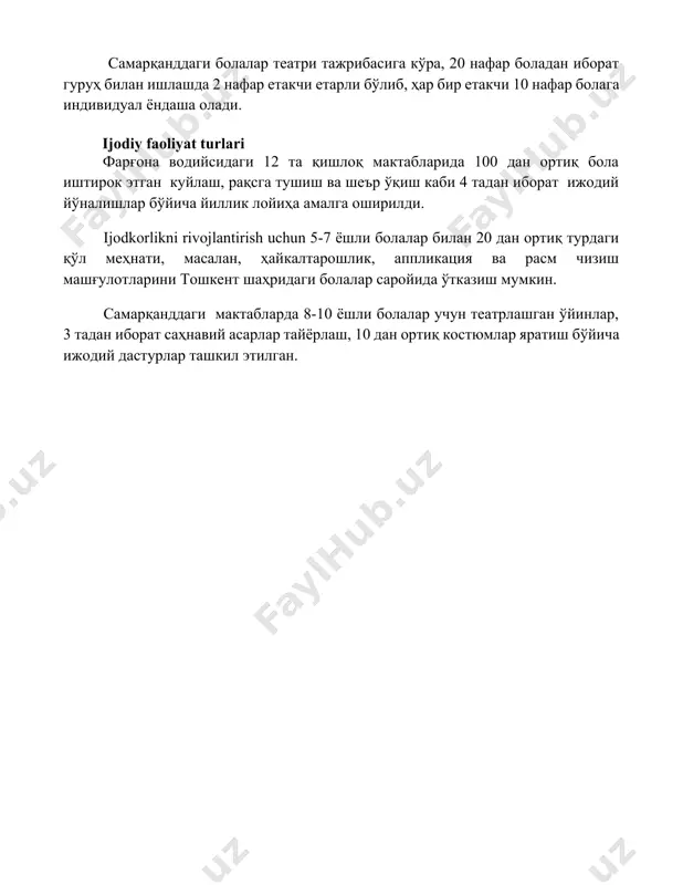 5-7 ёшли болалар билан 20 дан ортиқ турдаги қўл меҳнати, масалан, ҳайкалтарошлик, аппликация ва расм чизиш машғулотларини тошкент шаҳридаги болалар саройида ўтказиш мумкин. самарқанддаги мактабларда 8-10 ёшли болалар учун театрлашган ўйинлар, 3 тадан иборат саҳнавий асарлар тайёрлаш, 10 дан ортиқ костюмлар яратиш бўйича ижодий дастурлар ташкил этилган. 📌xulosa болаларда саҳналаштириш ва ижодий фаолиятни ривожлантириш уларнинг тафаккур салоҳиятини, мустақиллигини ва ижодий қобилиятларини оширишга хизмат қилади, бу эса уларнинг келажакдаги муваффақиятлари учун муҳим асос бўлади. уларнинг ўз-ўзини ифодалаш ва жамоада ишлаш кўникмаларини шакллантиради. 📚foydalanilgan adabiyotlar 1. smith, j. (2018). bolalarga sahnalashtirish va ijodiy mashg’ulotlarni o’rgatish. [o’zbek tiliga tarjima qilingan] 2. jones, a. (2020). ijodiy dramalar: bolalar uchun sahna asarlari. [o’zbek tiliga tarjima qilingan] 3. brown, b. (2019). bolalarning ijodiy salohiyatini rivojlantirish: amaliy qo’llanma