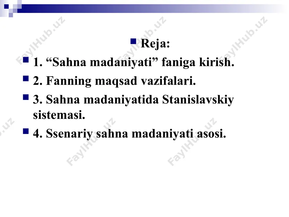 soniycha, mantiqan, izchillik bilan, maqsadga muvofiq, unumli xatti-harakat orqali paydo qilish sta­nislavskiy sistemasining asosiy mohiyatini tashkil etadi. sahna madaniyatida stanislavskiy (konstantin sergeevich) sistemasi hayotiy haqiqat (hayotiylik tamoyili) k.s.stanislavskiy sistemasining yana bir ahamiyati shunda-ki, u o‘zining “oliy maqsad” va “oliy-oliy maqsad” haqidagi ta’limi bilan aktyorlar va rejissyorlar qo‘liga juda o‘tkir, g‘oyat-da kuchli g‘oyaviy qurol berdi. oliy maqsad (san’atda g‘oyaviy fikrning “oliy maqsad” orqali amalga oshirilishi tamoyili). faollik va yetakchi xatti-harakat (sahnadagi maqsad sari intilish jarayonida sezgi va hissiyotlarni qo‘zg‘atuvchi yagona kuch harakat ekanligi to‘g‘risidagi tamoyil). tabiiylik (organik) tamoyili (aktyorning tabiiy tarzda paydo bo‘ladigan ijod tamoyili). aktyorning obrazda yashash tamoyili (siymo qiyofasiga kirishish chogэida aktyorning o‘zligini yo‘qotmay, ijodiy yondashuvi tamoyili). ssenariy - sahna madaniyati asosi teatr san’atining asosini pyesa tashkil qilsa, ommaviy tadbirlar asosini ssenariy tashkil qiladi. ssenariy - italyancha “scenario” so‘zidan olingan bo‘lib, asar tuzilmasi ma’nosini anglatadi. ssenariy - mahalliy dalillarga asoslanib yozilgan adabiy-dramatik asardir. 1. kino ssenariy: a) badiiy filmlar …