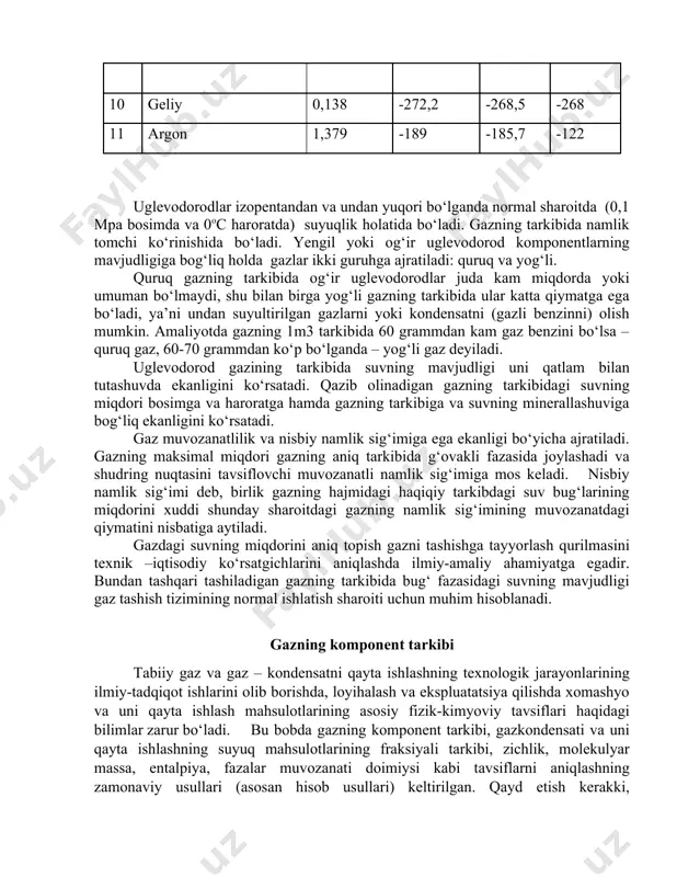molekulyar massasi katta bo‘ladi, ya’ni neftli gazlar tarkibida etan, propan butan va izobutanlar miqdori ko‘p bo‘ladi.uglevodorod gazlarini kelib chiqishiga qarab ikki guruhga ajratish mumkin: a) tabiiy gaz, ya’ni yer ostida tog‘ jinslari qatlamida hosil bo‘lgan gazlar;b) qattiq yoki suyuq yoqilg‘idan olinadigan sun’iy gazlar. 6.1 - jadval tabiiy gazlarning fizik xossalari № gaz turi havoga nisbatan zichligi erish harorati, oc qaynash harorati, oc kritik harorati, oc 1 metan 0,554 -184 -161,5 -82,5 2 etan 1,049 -182,8 -88,3 32,2 3 propan 1,55 -189 -42,2 96,8 4 izobutan 2,067 -145 -10,2 134 5 butan 2,085 -135 -0,5 153,1 6 vodorod 0,0695 -259 -252,5 -240 7 azot 0,967 -209,8 -195,8 -147,1 8 karbonat angidrit 1,529 -56,6* -78,5 31,1 9 vodorod sulfid 1,19 -82,9 -61,8 100,4 10 geliy 0,138 -272,2 -268,5 -268 11 argon 1,379 -189 -185,7 -122 uglevodorodlar izopentandan va undan yuqori bo‘lganda normal sharoitda (0,1 mpa bosimda va 0oc haroratda) suyuqlik holatida bo‘ladi. …