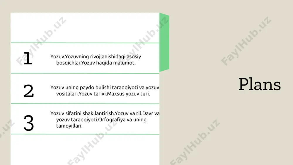 rdi. bugungi kunda ko'plab tillar alfavitlarni qo'llaydi, bu esa yozuvni osonlashtiradi va yanada keng tarqalishiga yordam beradi. yozuvning ahamiyati yozuv insoniyat tarixida muhim rol o'ynagan. u bilimlarni saqlash, madaniyatni rivojlantirish va aloqa qilishda muhim vosita hisoblanadi. turli yozuv tizimlari o'z zamonida innovatsion o'zgarishlarni aks ettirgan. xulosa yozuvning rivojlanishi insonga o'z fikrlarini ifodalashda va ulardan foydalanishda yangi imkoniyatlar berdi. piktogrammalardan boshlab, ideogrammalarga va alfavitlarga o'tish, yozuvni yanada samarali va qulay qildi. title: zamonaviy yozuv tizimlari 1) lotin alifbosi: lotin alifbosi, dunyoning ko'p mintaqalarida ishlatiladigan yozuv tizimidir. o'zbek tilida ham, asosan, rasmiy va ilmiy matnlarda qo'llaniladi. 2) kiril alifbosi: kiril alifbosi, dastlab slavyan tillari uchun yaratilgan, ammo hozirgi kunda o'zbekistonda ham qo'llaniladi. bu alifbo ko'plab o'quv va madaniy materiallarda mavjud. 3) arab yozuvi: arab yozuvi, o'rta asrlarda musulmonlar tomonidan keng tarqalgan. o'zbek tilida ham ba'zi so'zlar va terminlar arab yozuvida ifodalanadi. 4) xitoy yozuvi: xitoy yozuvi, asosan, xitoy va uning atrofidagi mamlakatlarda …