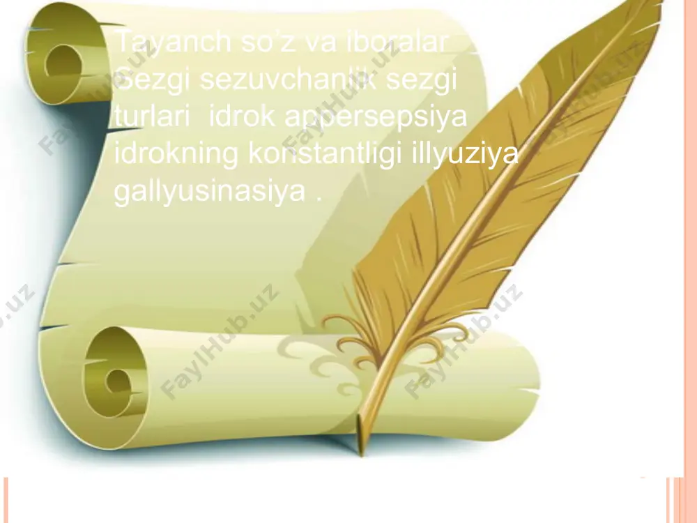 shoq qismidan tashkil topgan. tilning shilliq pardasida maxsus ta’m bilish so’rg’ichlari joylashgan bo’lib, ularning tarkibi tayoqchasimon hujayralardan tuzilgan maxsus ta’m bilish “kurtaklar”iga ega. muskul-harakat sezgilari motor sezgilar deb nomlanib, ularga og’irlikni, qarshilikni, organlar harakatini bilish sezgilari kiradi. muskul- harakat sezgilarining fizik sababi muskullarga ta’sir etuvchi narsalarning mexanik tazyiqi va gavda harakatlaridir. statik sezgilar gavdaning fazodagi holatini sezish va muvozanat saqlash sezgilari deb nomlanadi. gavdaning fazodagi holatini bilish va muvozanat saqlash sezgisi uchun ichki quloqdagi vestibulyar apparat retseptor vazifasini bajaradi. ch.sherringtonga taalluqlidir. u reseptorning qaerda joylashganligiga qarab, sezgilarni uch turga bo`ladi. sezgilarning turlari. 1. eksteroretseptiv sezgilar – tashqi olamdagi narsa va hodislarning sifatlarini aks etadi. ularga ko`rish, eshitish, hid bilish, ta’m bilish va teri sezgilari kiradi. 2. interoretseptiv sezgilar – ichki organlarning turli holatlari aks etadi (organiq, og`riq sezuvchi). 3. proproretseptiv sezgilar – turli harakat organlarining holatlarini aks etadi (muskul, harakat, kinetik va muvozanat). sеzgilarni o`rganish insоn har qanday faоliyatining muvaffaqiyatli …