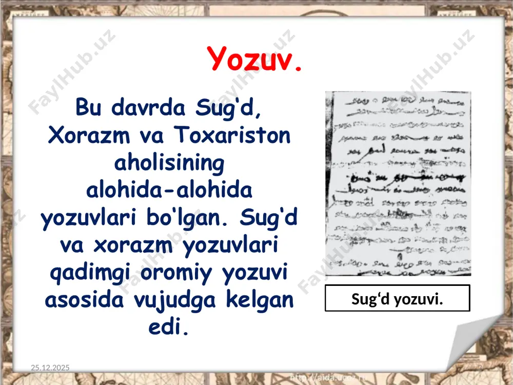 shi. vi–vii asrlar. farg‘ona vodiysida quvadan hamda qo‘rg‘ontepa yaqinidagi ajinatepadan buddaning bahaybat haykallari topilib, o‘rganildi. 09.10.2019 12 budda haykali musiqa san’ati. 09.10.2019 13 o‘rta osiyoda musiqa, raqs, qo‘shiqchilik, qiziqchilik va dorbozlik kabi san’atning turli sohalari ham rivojlangan edi. choch raqqoslari ijro etgan mashhur “choch raqsi” yoki doira chertmasiga imo bilan yelka uchirib tushadigan o‘ynoqi “doira raqsi” xitoy a’yonlarini maftun etib, ularni hayratga solgan edi. 09.10.2019 14 savol va topshiriqlar: 1. ilk o‘rta asrlarda aholi qanday yozuvlardan foydalangan? 2. yozuvlar asosan nimalarga yozilgan? nega qog‘ozga kamdan-kam hollarda yozilgan? 3. aholi qanday dinlarga e’tiqod qilgan? 4. ayting-chi, haykaltaroshlik rivojiga, ayniqsa, qaysi din kuchli ta’sir ko‘rsatgan? 09.10.2019 15 image2.jpeg image3.jpeg image4.jpeg image5.jpeg image6.emf image7.jpeg image8.jpeg image9.jpeg image10.jpeg image11.jpeg image12.emf image13.jpeg image14.emf image15.emf image16.jpeg image17.jpeg image18.jpeg image1.jpeg