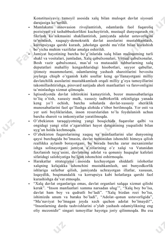 him ijtimoiy-iqtisodiy, siyosiy hujjatlarda aniq belgilab berildi. ularda jahondagi, markaziy osiyo mintaqasidagi vaziyat, rivojlanish tendensiyalari, istiqboldagi taraqqiyot yo’llari chuqur tahlil etilgan. · o’zbekistonda ayni shu asosda inson huquq va erkinliklarini ta’minlash, jamiyat hayotining barcha sohalarini yanada liberallashtirish borasida keng ko’lamli islohotlar amalga oshirilmoqda. xalq davlat hokimiyatining birdan-bir manbai ekani haqidagi konstitusiyaviy tamoyil asosida xalq bilan muloqot davlat siyosati darajasiga ko’tarildi. · mamlakatni innovasion rivojlantirish, odamlarda faol fuqaroliq pozisiyasi va tashabbuskorlikni kuchaytirish, mustaqil dunyoqarash va fikrlash ko’nikmasini shakllantirish, jamiyatda adolat ustuvorligini ta’minlash, xuquqiy-demokratik davlat asoslarini mustahkamlash, korrupsiyaga qarshi kurash, jaholatga qarshi ma’rifat bilan kurashish bo’yicha muhim vazifalar amalga oshirildi. · jamiyat hayotining barcha bo’g’inlarida xalq bilan muloqotning turli shakl va vositalari, jumladan, xalq qabulxonalari, virtual qabulxonalar, bosh vazir qabulxonasi, mas’ul va mutasaddi rahbarlarning xalq deputatlari mahalliy kengashlaridagi hisobotlari, sayyor qabullar, ijtimoiy muammolarni, odamlarning yashash sharoitlarini bevosita joylarga chiqib o’rganish kabi usullar keng qo’llanayotgani milliy davlatchilik asoslarini mustahkamlash orqali milliy g’oya tamoyillarini …