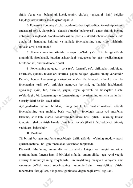 ateriali bo’lgan fonemadan-tovushdan farqlanadi. dialektik falsafaning umumiylik va xususiylik kategoriyasi nuqtai nazaridan morfema ham, fonema ham til birliklari sifatida umumiylikka ega. ayni vaqtda xususiylik umumiylikning voqelanishi, umumiylikning muayyan vaziyatda aniq namoyon bo’lishi ekan, morfemaning umumiylikdan xususiylikka o’tishi, fonemadan farq qilishi, o’ziga xosligi nimada. degan haqli savol tug’iladi. eslatamiz, morfema termini tilshunoslikka boduen de kurtene tomonidan kiritilgan bo’lib, so’zning eng kichik ma‘noli qismini ifodalash uchun qo’llangan. demak, ushbu fikrdan morfemaning muayyan ma‘noga egaligi, ma‘no ifodalash tushunchasi kelib chiqadi. aynan mana shu nuqtada morfema fonemadan farq qiladi. shuningdek, morfema ma‘noga ega bo’lishiga ko’ra tilning eng kichik ma‘noli birligi hisoblanadi. bu o’rinda morfemaning tilning eng kichik ma‘noli birligi ekanligi ma‘no ifodalash mezonidan kelib chiqadi. demak, fonema til birligi sifatida hajm taqozosiga ko’ra eng kichik birlik hisoblansa, morfema til birligi sifatida ma‘no ifodalash xususiyatiga ko’ra eng kichik birlik sanaladi, ya‘ni morfema ma‘noli birlikning eng so’nggi, oxirgi chegarasi hisoblanadi. shunga ko’ra u boshqa ma‘noli qismlarga …