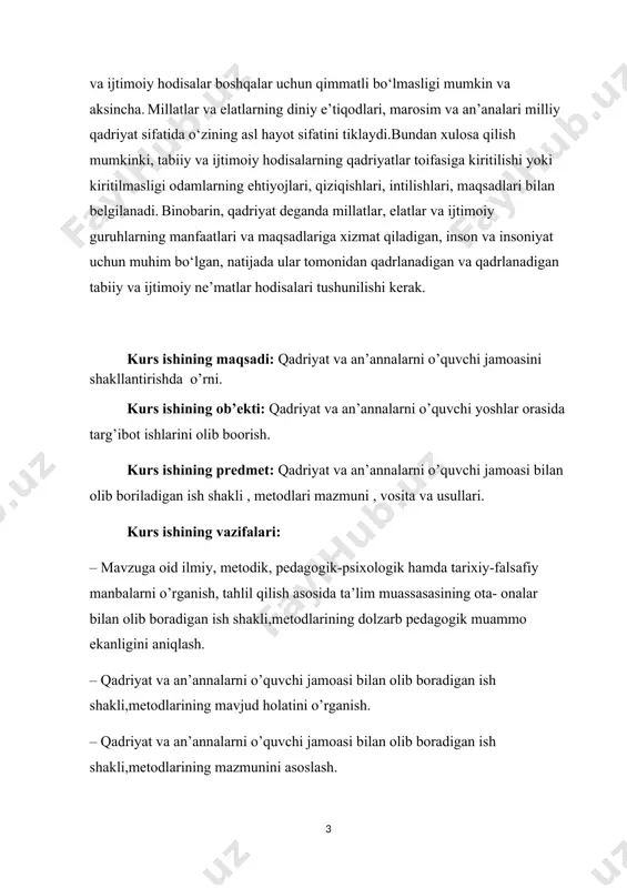 sh shakli,metodikasi darajasini belgilovchi mezonlarni aniqlash. – qadriyat va an’annalarni o’quvchi jamoasi bilan olib boradigan ish shakli, metodikasini ilmiy metodik tavsiyalar bilan ishlab chiqish va uning samaradorlik darajasini aniqlash. kurs ishining tarkibi: kirish , 3 ta reja , umumiy xulosa , foydalanilgan adabiyotlar ro’yxatidan iborat. asosiy qism 1. o’quvchi jamoasi bilan ishlash. jamoa lotincha “kollektivus” so’zining tarjimasi bo’lib, yig’ilma, omma, birgalikdagi majlis, birlashma, guruh bir necha a’zo kishilardan iborat bo’lib, ijtimoiy ahamiyatga ega umumiy maqsad asosida tashkil topgan guruh demakdir. zamonaviy talqinda jamoa tushunchasi ikki xil ma’noda ishlatiladi. birinchidan, jamoa deganda bir necha kishilarning muayyan maqsad yo’lida birlashuvidan iborat tashkilliy guruhi tushuniladi masalan; ishlab chiqarish jamoasi, zavod jamoasi, o’quv yurti jamoasi, xo’jalik jamoasi va hokazo. ikkinchidan, jamoa deganda yuqori darajada uyushtirilgan guruh tushuniladi. chunonchi, o’quvchilar jamoasi yuqori darajada uyushtirilgan birlashma hisoblanadi. jamoada va jamoa yordamida tarbiyalash – tarbiya tizimida muhim ahamiyatga ega bo’lgan tamoyillardan biridir. shaxsni shakllantirishda jamoaning etakchi rol …