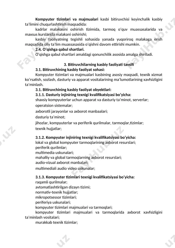 bilan faxrlanish, milliy urf-odatlar, qadriyatlarni hurmat qilish; uk-7. professional vazifalarni samarali bajarish uchun zarur bo‘ladigan ma’lumotlarni qidirish; uk-8. kasbiy faoliyatida axborot-kommunikatsiya texnologiyalarini qo‘llash; uk-9. kasbga doir hujjatlar bilan ishlash; uk-10. kasbiy faoliyatda xavfsizlik texnikasi va mehnat muhofazasi qoidalariga amal qilish ko‘nikmalariga ega bo‘lish. 4.2. kompyuter tizimlari va majmualari ta’lim dasturini o‘zlashtirgan bitiruvchi quyidagi kasbiy kompetensiyalarga ega bo‘lishi kerak. 4.2.1. dasturiy injiniring texnigi kvalifikatsiyasi bo‘yicha k.k -1.1. tarmoq ma’lumotlarini qayta ishlash; k.k- 1.2. statik ma’lumotlar tarkibini boshqarish; k.k -1.3. axborot tarkibini qayta ishlash uchun sanoat uskunalarini o‘rnatish va ular bilan ishlash; k.k-1.4. kompyuterlar, periferik qurilmalar va telekommunikatsion tizimlarning ishini nazorat qilish va to‘g‘ri ishlashini ta’minlash; k.k- 1.5. dasturiy ta’minotga xizmat ko‘rsatish, testlash va nosozliklarni tuzatish. 4.2.2 kompyuter injiniring texnigi kvalifikatsiyasi bo‘yicha: k.k- 2.1. ishlashda hisoblash texnologiyasini joriy qilish; k.k-2.2. vositalarni tayyorlash ishga yaroqliligini diagnostika qilish,muammolarni bartaraf etish va tozalash; k.k- 2.3. shaxsiy kompyuter va serverlarning ishini boshqarish; k.k -2.4. kompyuter hisoblash …