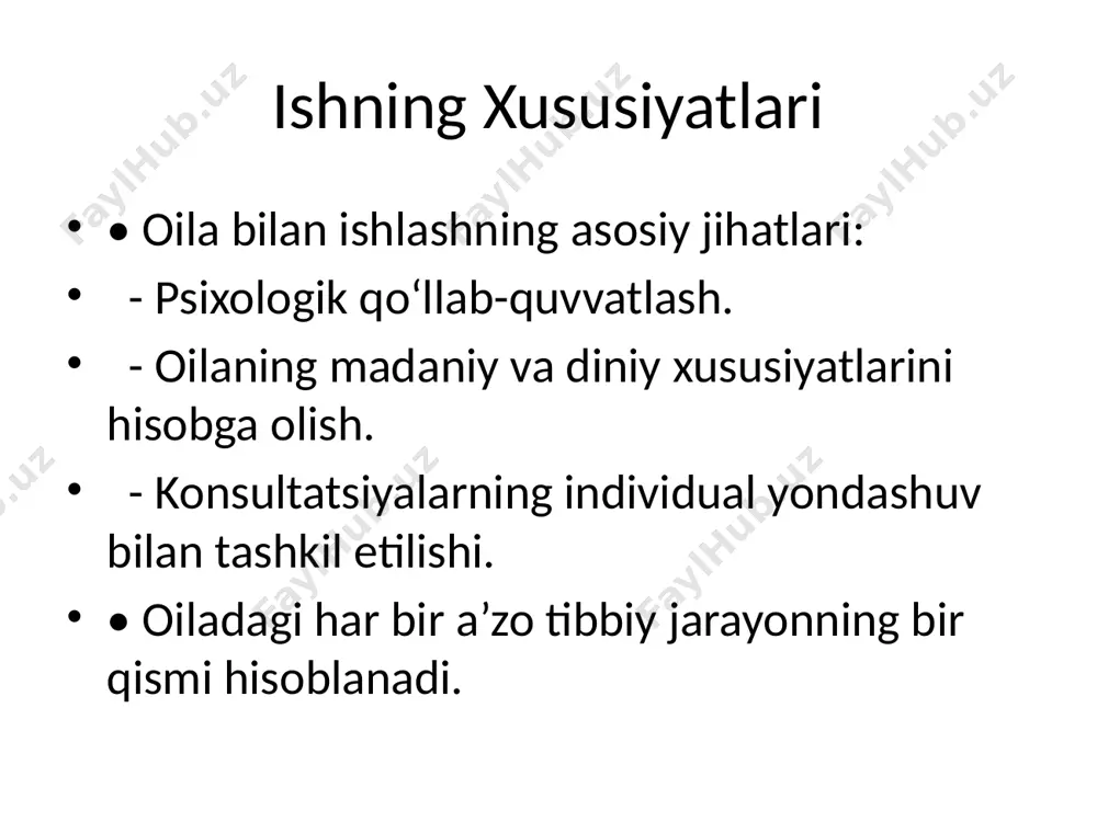 ilari va zaif guruhlar: - ish sharoitini yaxshilash va tibbiy ko‘riklar. bemorlar bilan ishlash • murakkab va og‘ir bemorlar: - psixologik qo‘llab-quvvatlash. - hayot sifatini oshirish bo‘yicha chora-tadbirlar. • o‘layotgan bemorlar: - g‘amxo‘rlik va og‘riqsizlantirish. reabilitatsiya va dispanserizatsiya • reabilitatsiya jarayoni: - bemorni ishga qayta moslashishiga yordam. • dispanserizatsiya: - tibbiy kuzatuvning davomiyligini ta'minlash. • mehnatga layoqatlilik ekspertizasi: - bemorning mehnat qobiliyatini baholash. xulosa • oila bilan ishlashning kompleks yondashuvi davolash jarayonining samaradorligini oshiradi. • oila a’zolarining har biri salomatlikni saqlash jarayonida muhim rol o‘ynaydi. • din, psixologik muhit va ijtimoiy omillarni hisobga olish tibbiyot samaradorligini oshiradi. /docprops/thumbnail.jpeg