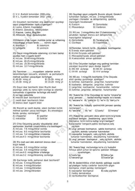. a) tanzaniya b) misr c) kongo d) zair 16) quyidagi odam ajdodlaridan qaysi biri hozirgi qiyofadagi odam hisoblanadi? a) neondertal b) kromanion c) pitekantrop d) sinantrop 17) uchi bir tomonga qaratib o’tkirlangan qo’pol tosh qurollar arxealogiya fanida qanday nomlangan? a) mikrolit b) kerki c) chopper d) motiga 18) qaysi davrda buyuk muzlash boshlandi? a) ilk paleolitning so’nggi davrlarida b) so’nggi paleolitning oxirlarida c) mezolit davrining boshlarida d) neolit davrining oxirlarida 19) kishilarning eng qadimiy mashg’uloti bo’lgan ……… o’zlashtiruvchi xo’jalik deb atalgan. a) kulolchilik va ovchilik b) termachilik va temirchilik c) termachilik va ovchilik d) ovchilik va dehqonchilik 20) qadimgi tosh asri madaniyatining jahonga mashhur yodgorligi hisoblangan teshiktosh g’ori …….. boysun tog’larida topilgan. a) a.p. gerasimov tomonidan 1936-yilda b) a.p.okladnikov tomonidan 1938-yilda 5 c) v.v. bartold tomonidan 1908-yilda d) v.l. vyatkin tomonidan 1932- yilda 21) qoyatosh rasmlaridan eng qadimiylari quyidagi qaysi yodgorliklardan topib o’rganilgan? a) lasko, altamir, kapovadan b) altamir, …