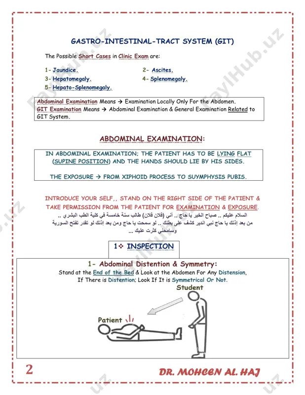 tiel scar): indicate  caesarian section. (4). right sub-costal scar (kocher scar): indicate  cholecystectomy. (5). left sub-costal scar: indicate  splenectomy. (6). right iliac fossa scar (gridiron scar): indicate  appendectomy. --------------------------------------------------------------------------------------------------- 5- scratch mark: due to  pruritis in case of  jaundice. 6- striae: *differential diagnosis of striae: 1. ascites. 2. cushing syndrome. 3. obesity. 4. pregnancy. dr. mohcen al. haj 5 7- visible dilated veins: veins around umbilicus  caput medusa; indicate portal htn. lateral abdominal veins, indicate  ivc obstruction. check direction of blood flow by milking test  to differentiate between ivc obstruction & caput medusa. 8- visible pulsation:  epigastric pulsation: indicate aortic aneurysm, tricuspid regurgitation & thin patients. 9- visible peristaltic movement: indicate  intestinal obstruction & gastric outflow obstruction. 10- hair distributions: loss of pubic hair; indicate  liver cirrhosis. 11- hernia (cough impulse test): ask the patient to cough, and …