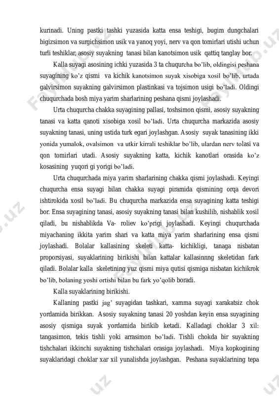 likka tutashadi. burun bushligi kanot-tanglay bushligiga xam birikadi. k a l l a s u ya g i d a yuqori dan pastga karab: chakka chuqurchasi, yanoq yoyi, tashki eshitish yuli, surgichsimon usik, bigizsimon usik va boshkalar kurinadi. uning pastki tashki yuzasida katta ensa teshigi, bugim dungchalari bigizsimon va surgichsimon usik va yanoq yoyi, nerv va qon tomirlari utishi uchun turli teshiklar, asosiy suyakning tanasi bilan kanotsimon usik qattiq tanglay bor. kalla suyagi asosining ichki yuzasida 3 ta chuqurcha bo’lib, oldingisi peshana suyagining ko’z qismi va kichik kanotsimon suyak xisobiga xosil bo’lib, urtada galvirsimon suyakning galvirsimon plastinkasi va tojsimon usigi bo’ladi. oldingi chuqurchada bosh miya yarim sharlarining peshana qismi joylashadi. urta chuqurcha chakka suyagining pallasi, toshsimon qismi, asosiy suyakning tanasi va katta qanoti xisobiga xosil bo’ladi. urta chuqurcha markazida asosiy suyakning tanasi, uning ustida turk egari joylashgan. asosiy suyak tanasining ikki yonida yumalok, ovalsimon va utkir kirrali teshiklar bo’lib, ulardan …