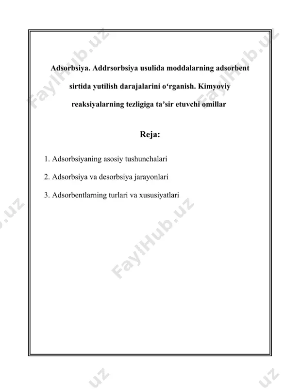 natli miqdori, \( q_{\text{max}} \) — maksimal adsorbsiyaning miqdori, \( b \) — langmuir doimiy, \( c_e \) — muvozanatli konsentratsiya. freundlich izotermasi tenglamasi: \[ q_e = k_f c_e^{1/n} \] bu erda \( k_f \) va \( n \) — freundlich doimiylari, ular adsorbsiyaning intensivligini va adsorbentning qobiliyatini belgilaydi. adsorbentlar: adsorbsiya jarayonida ishlatiladigan adsorbentlar juda muhim ahamiyatga ega. ular orasida ko'mir, silika geli, aluminat jel, zeolitlar va boshqalar kiradi. adsorbentlarning yuzasi va ularning fizik-kimyoviy xususiyatlari adsorbsiyaning samaradorligini belgilaydi. ilovalari: adsorbsiyaning keng ko'lamli ilovalari mavjud. masalan, havo va suvni tozalashda, kimyoviy va neft sanoatida, tibbiyotda (qon tozalash, dori moddalari chiqarish va boshqalar) va boshqa ko'plab sohalarda qo'llaniladi. mexanizmlari: adsorbsiyaning mexanizmlari turli xil bo'lishi mumkin. birinchidan, molekulalar adsorbent yuzasiga qadar diffuziyalanadi. ikkinchidan, yuzadagi faollashgan joylarga birikish sodir bo'ladi. axir, adsorbatning bir qismi adsorbentning ichki qatlamlariga diffuziyalanishi mumkin, bu esa intratizim diffuziya deb ataladi. termodinamika: adsorbsiyaning termodinamik parametrlari adsorbent va adsorbat o'rtasidagi o'zaro …